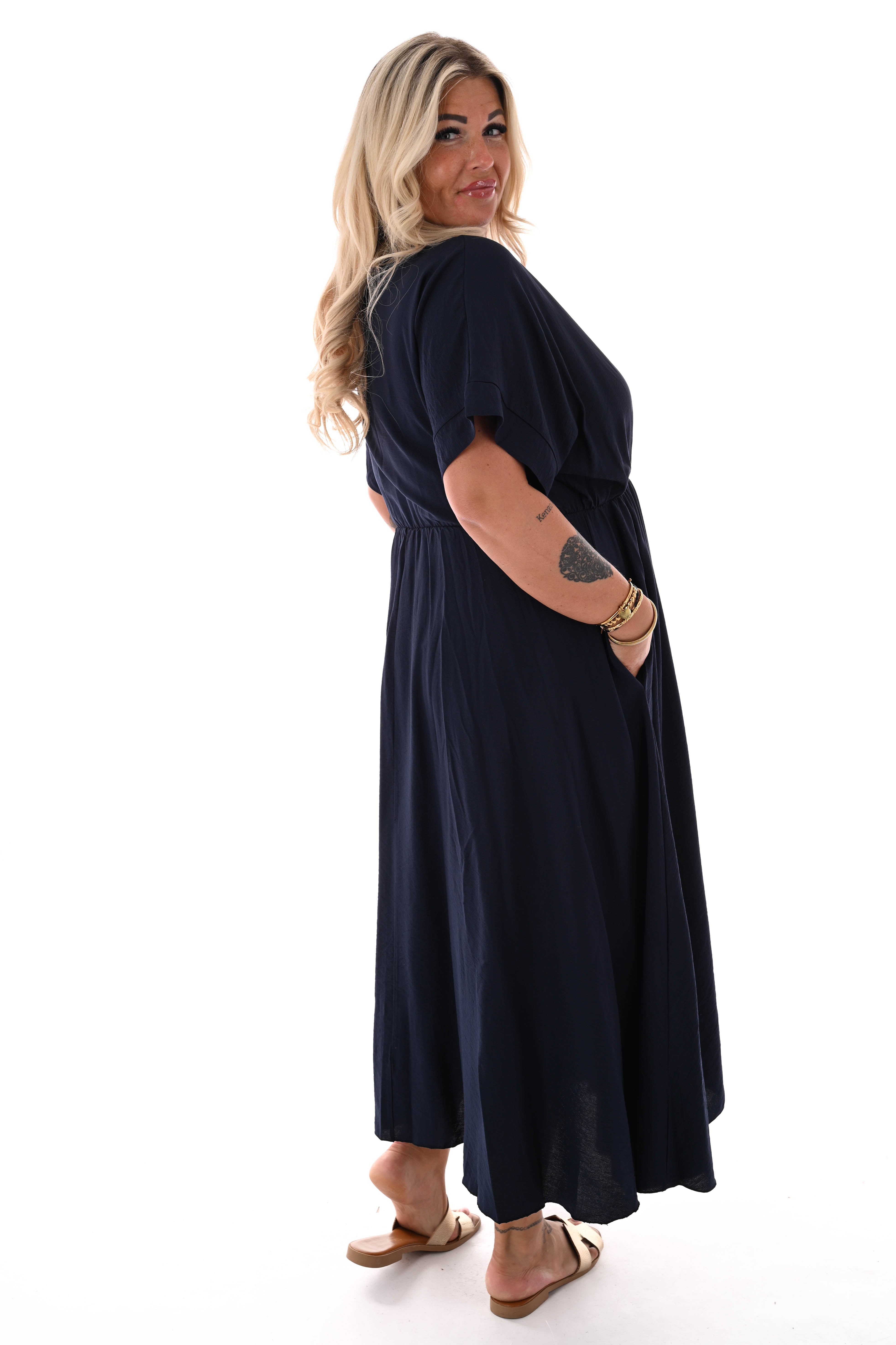 Maxi jurk overslag korte mouwen marineblauw