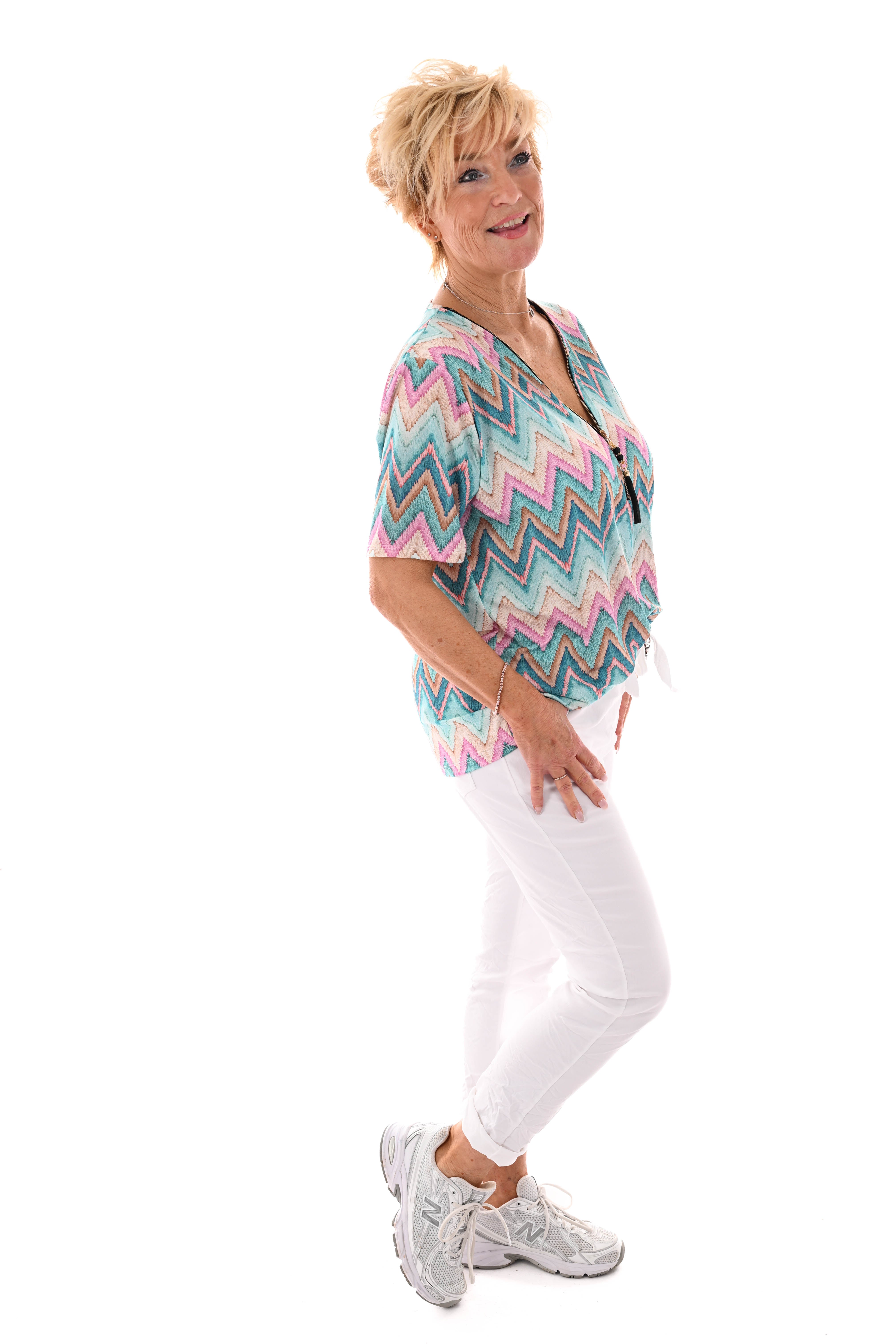 Top met rits zigzag turquoise/roze
