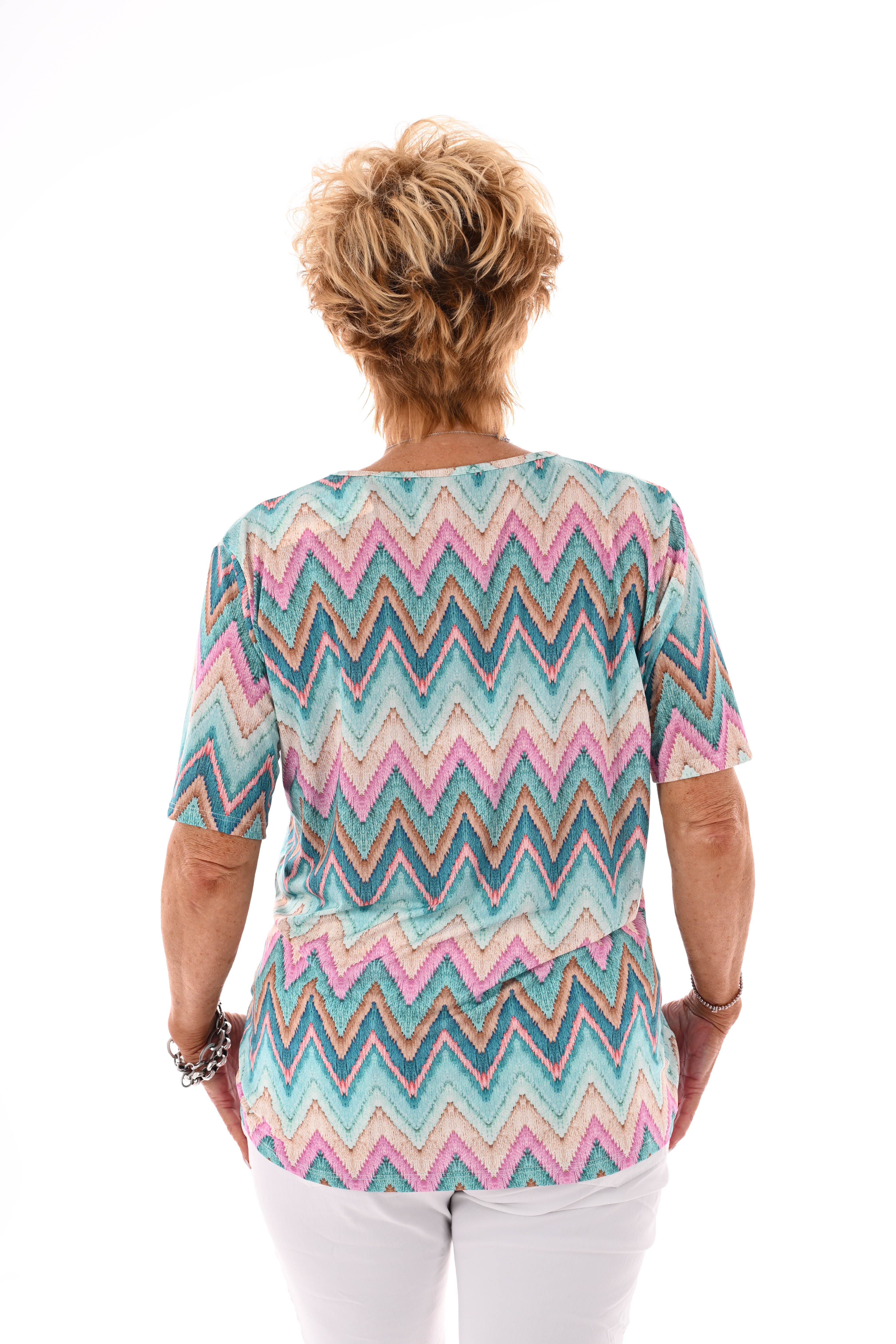 Top met rits zigzag turquoise/roze