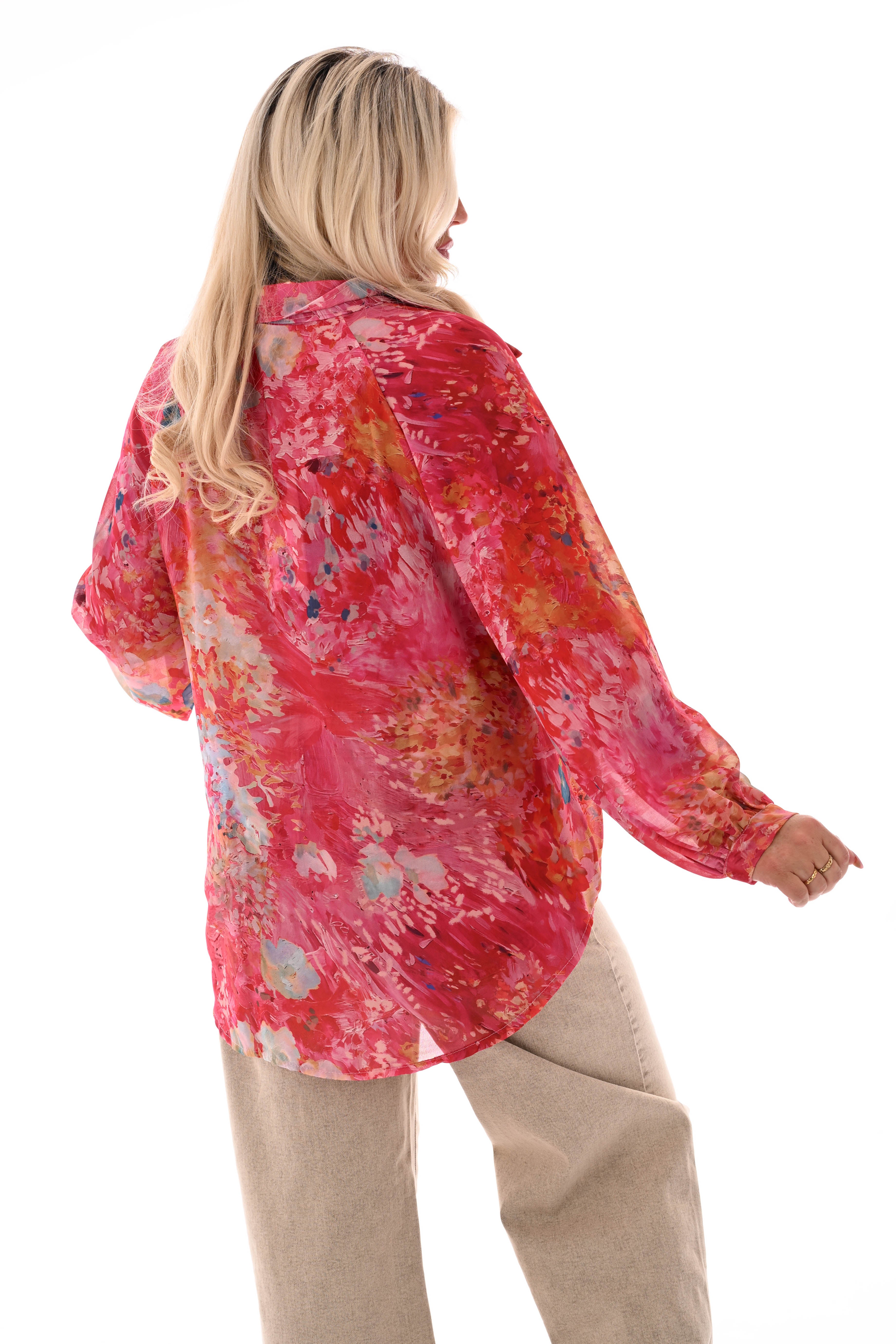 Blouse v-hals aquarel print fuchsia