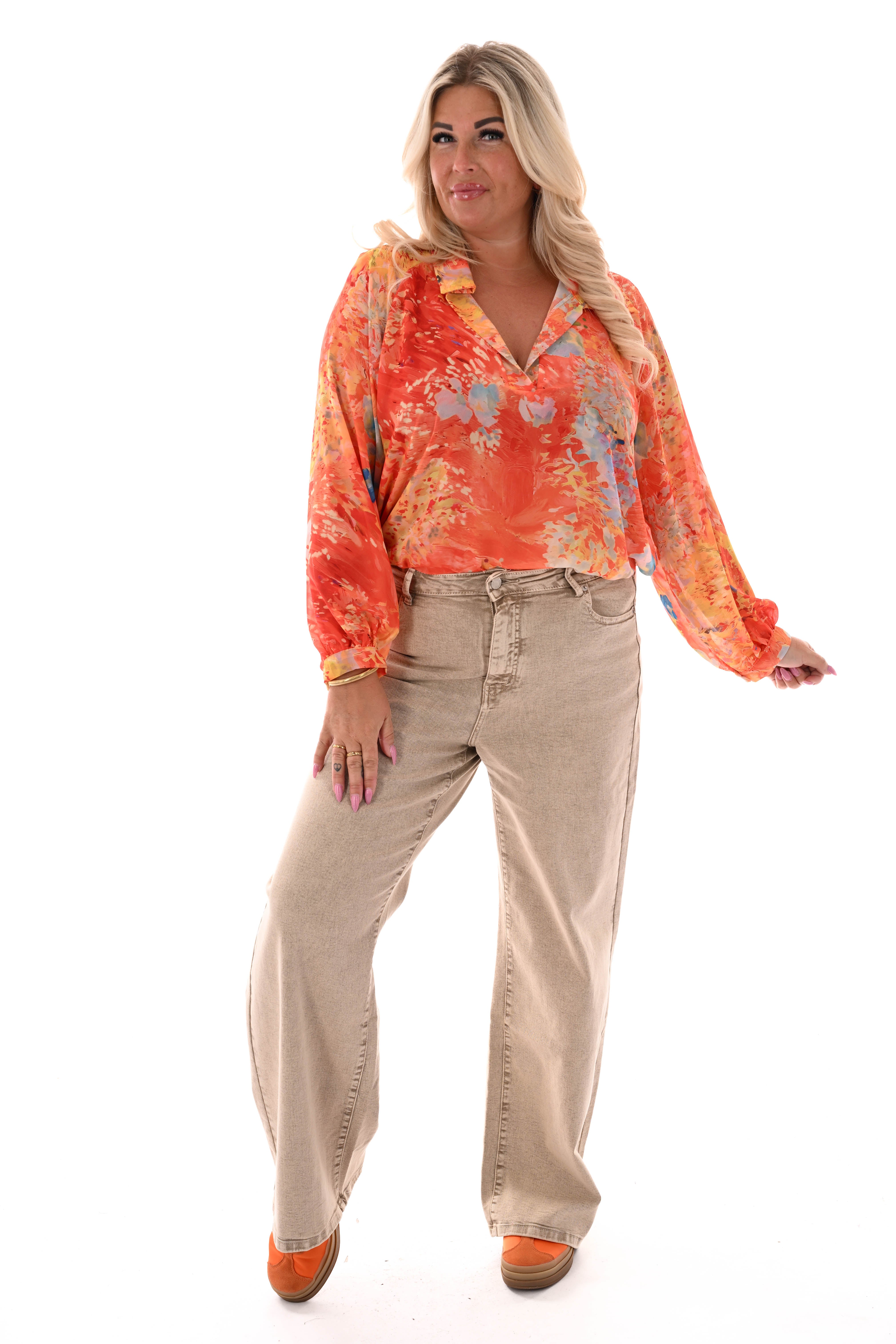 Blouse v-hals aquarel print oranje