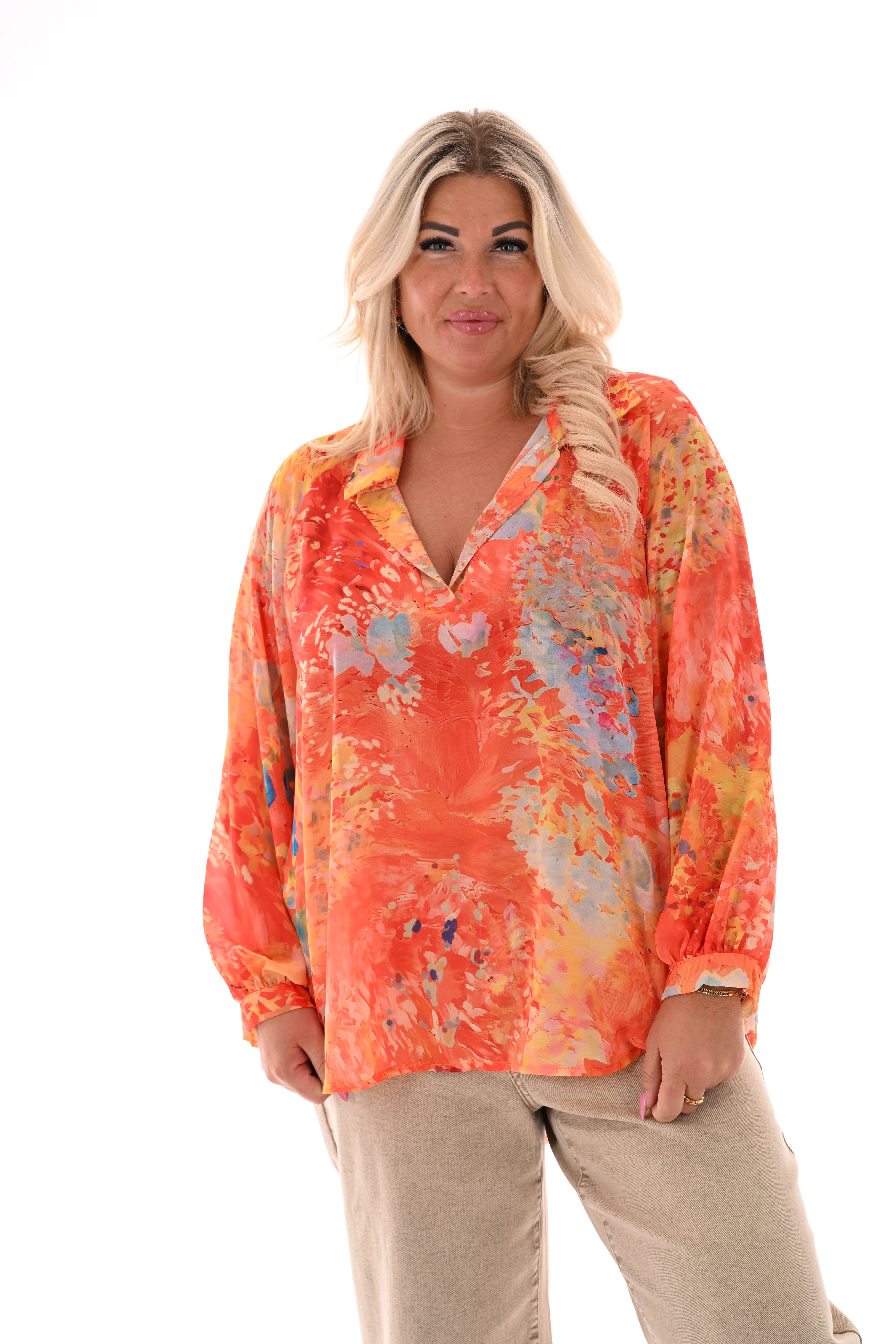 Blouse v-hals aquarel print oranje