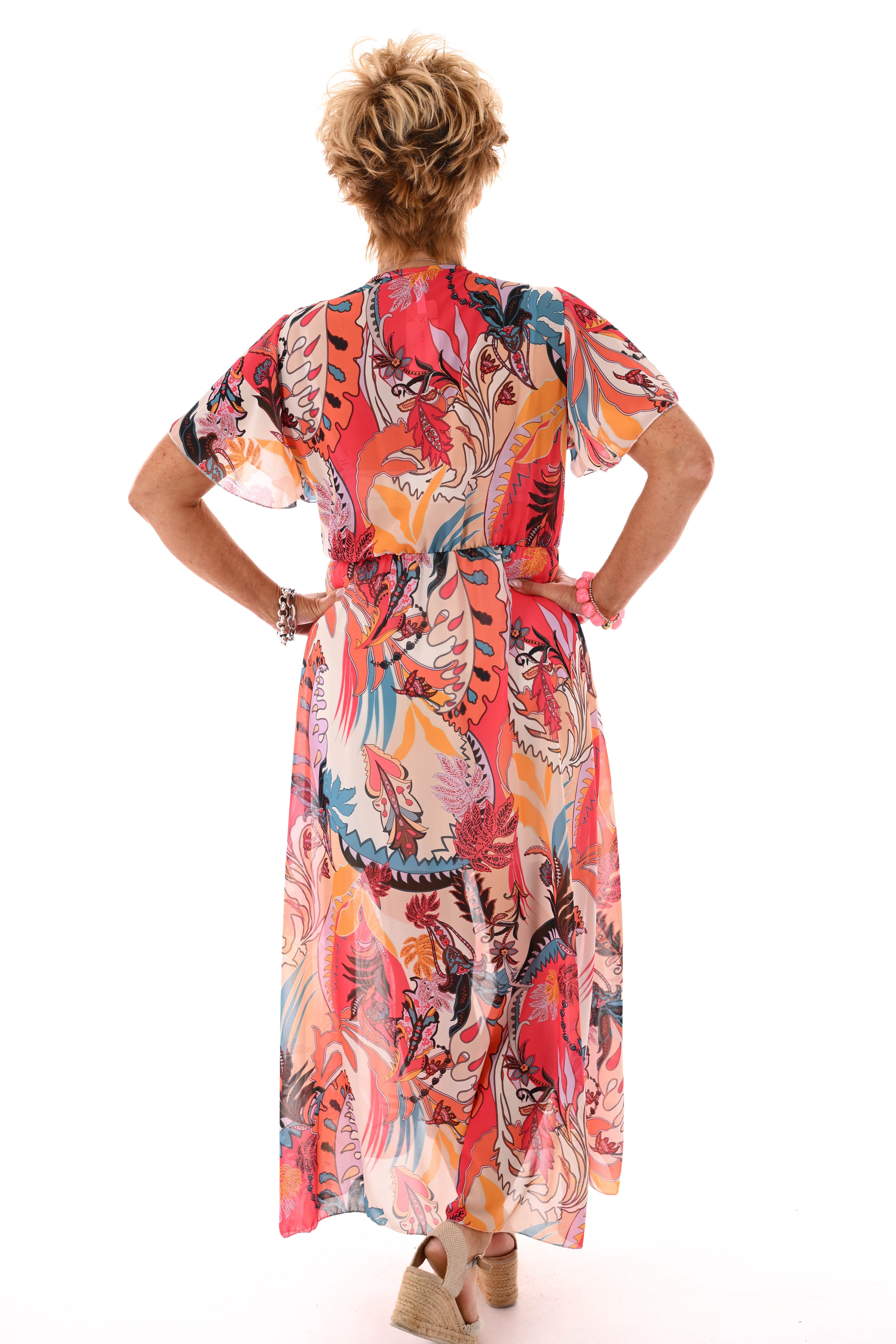 Maxi jurk korte mouwen met strik bloemen roomwit/koraal