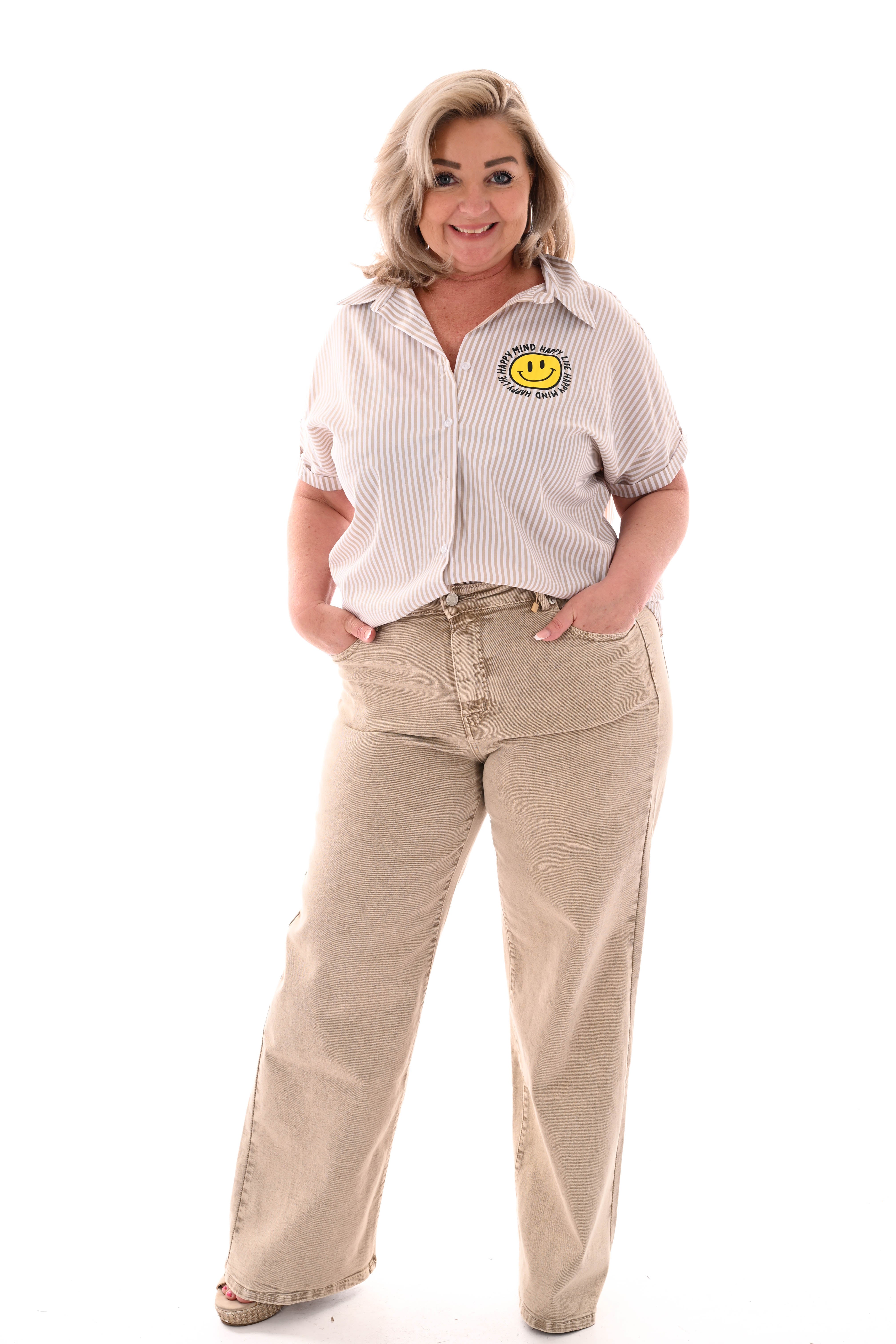 Blouse streepjes korte mouwen smiley beige