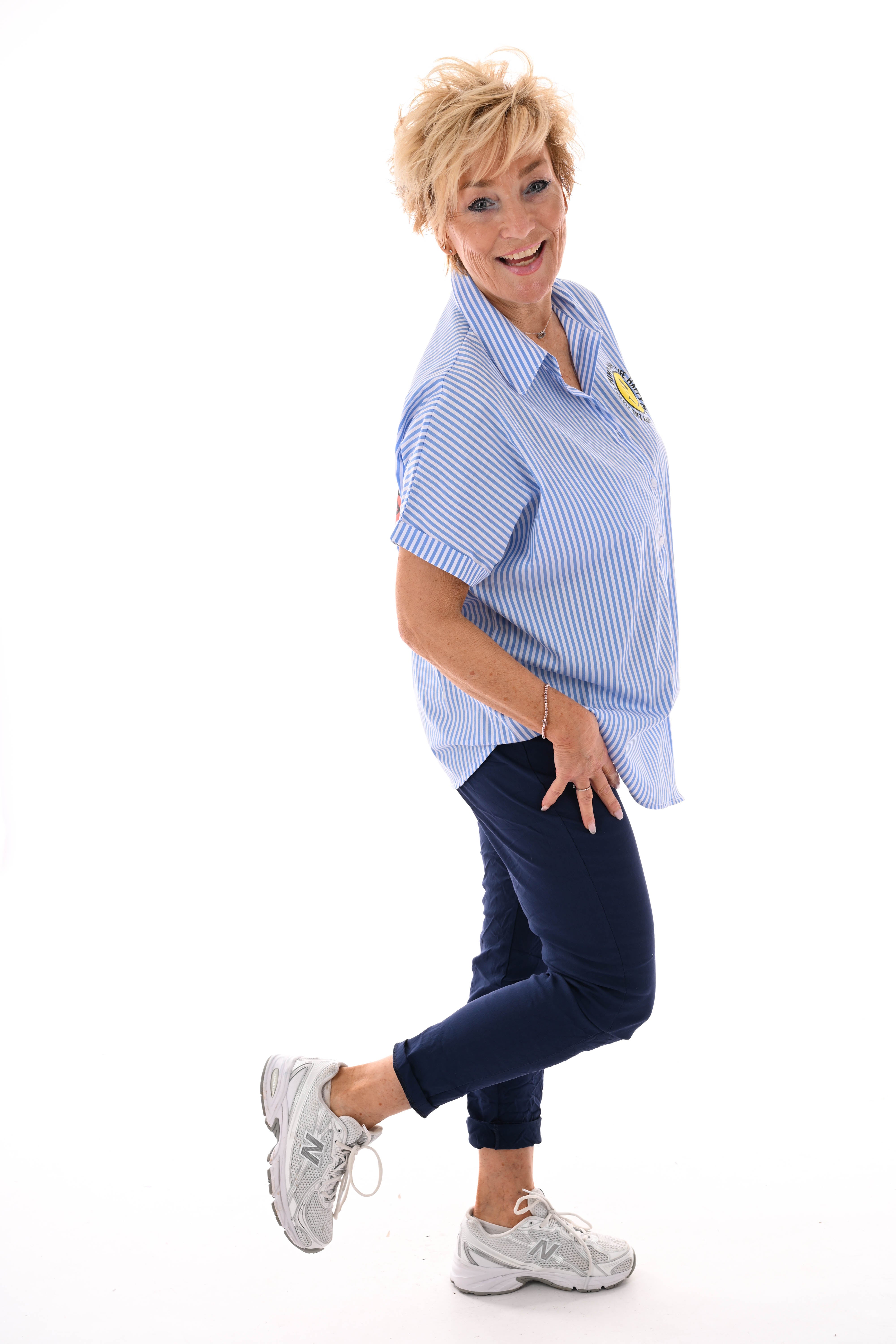 Blouse streepjes korte mouwen smiley blauw
