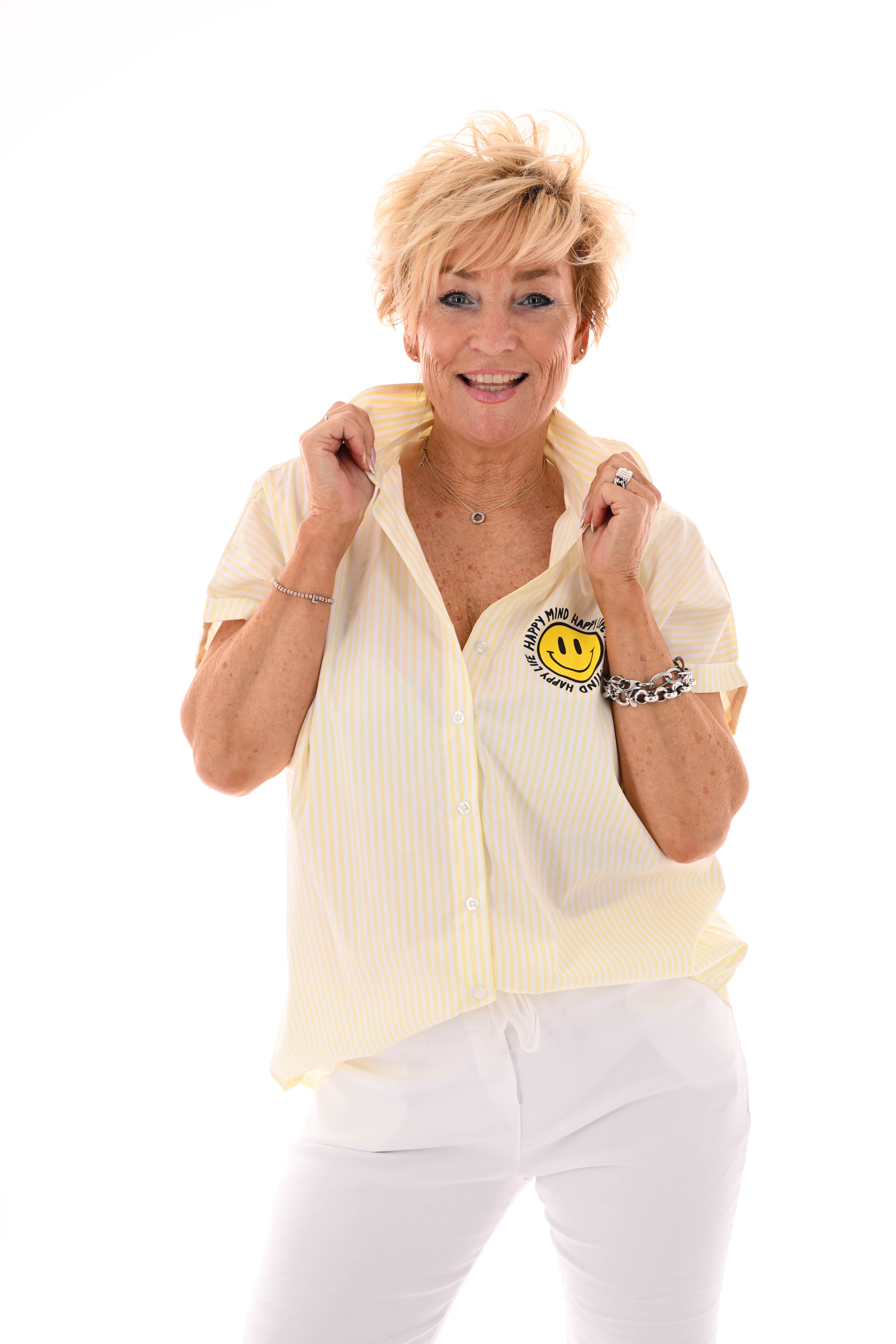 Blouse streepjes korte mouwen smiley lichtgeel