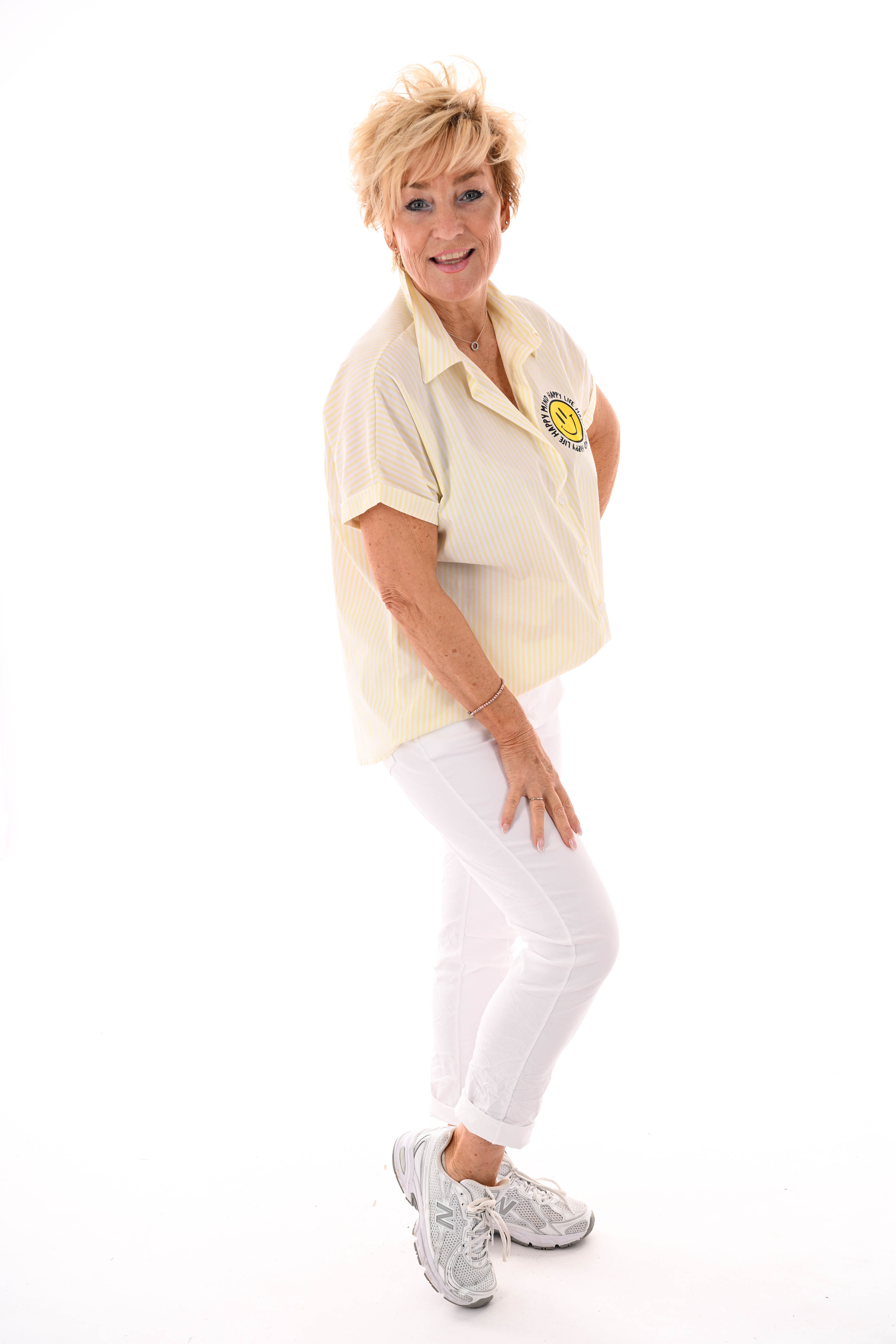 Blouse streepjes korte mouwen smiley lichtgeel