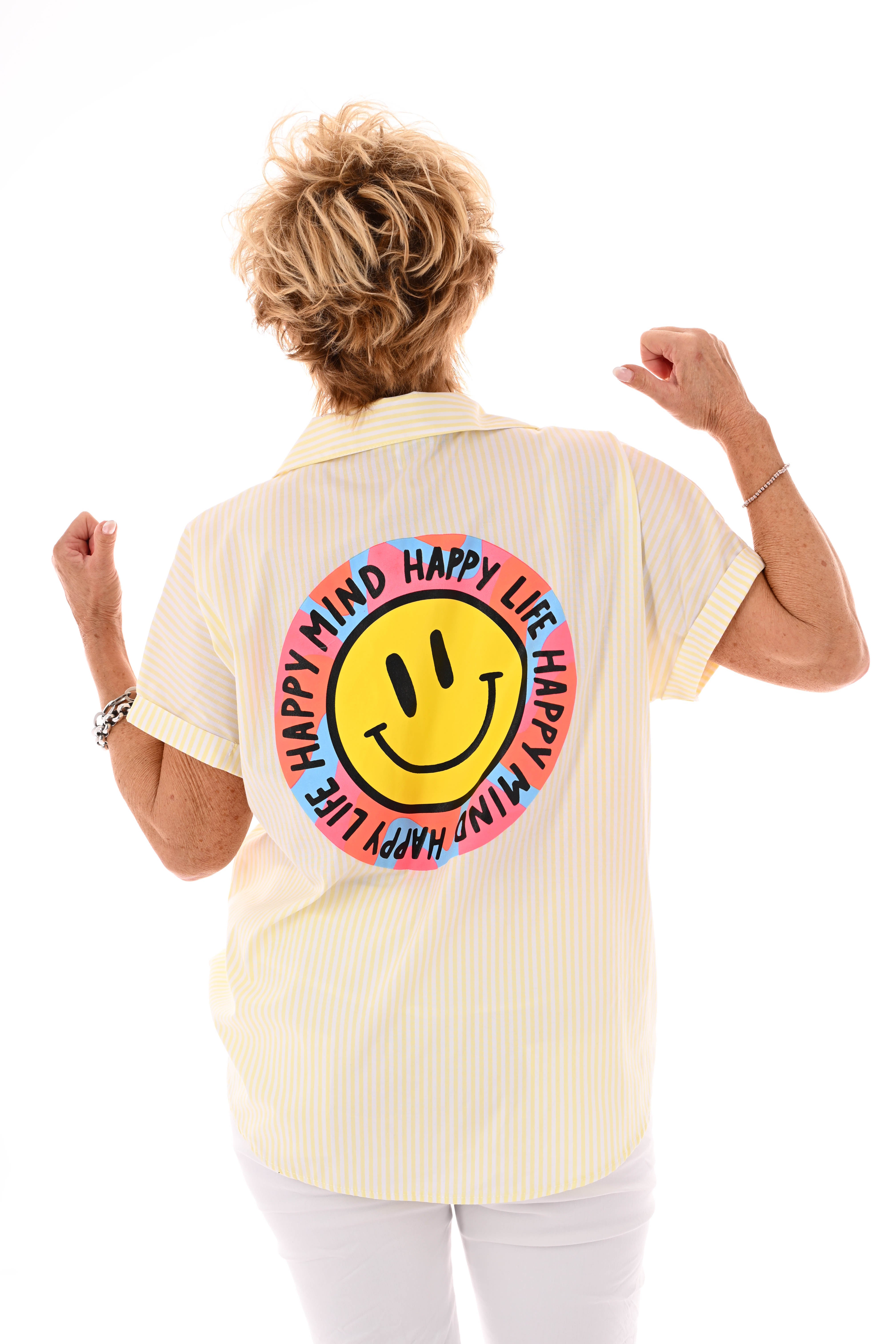 Blouse streepjes korte mouwen smiley lichtgeel