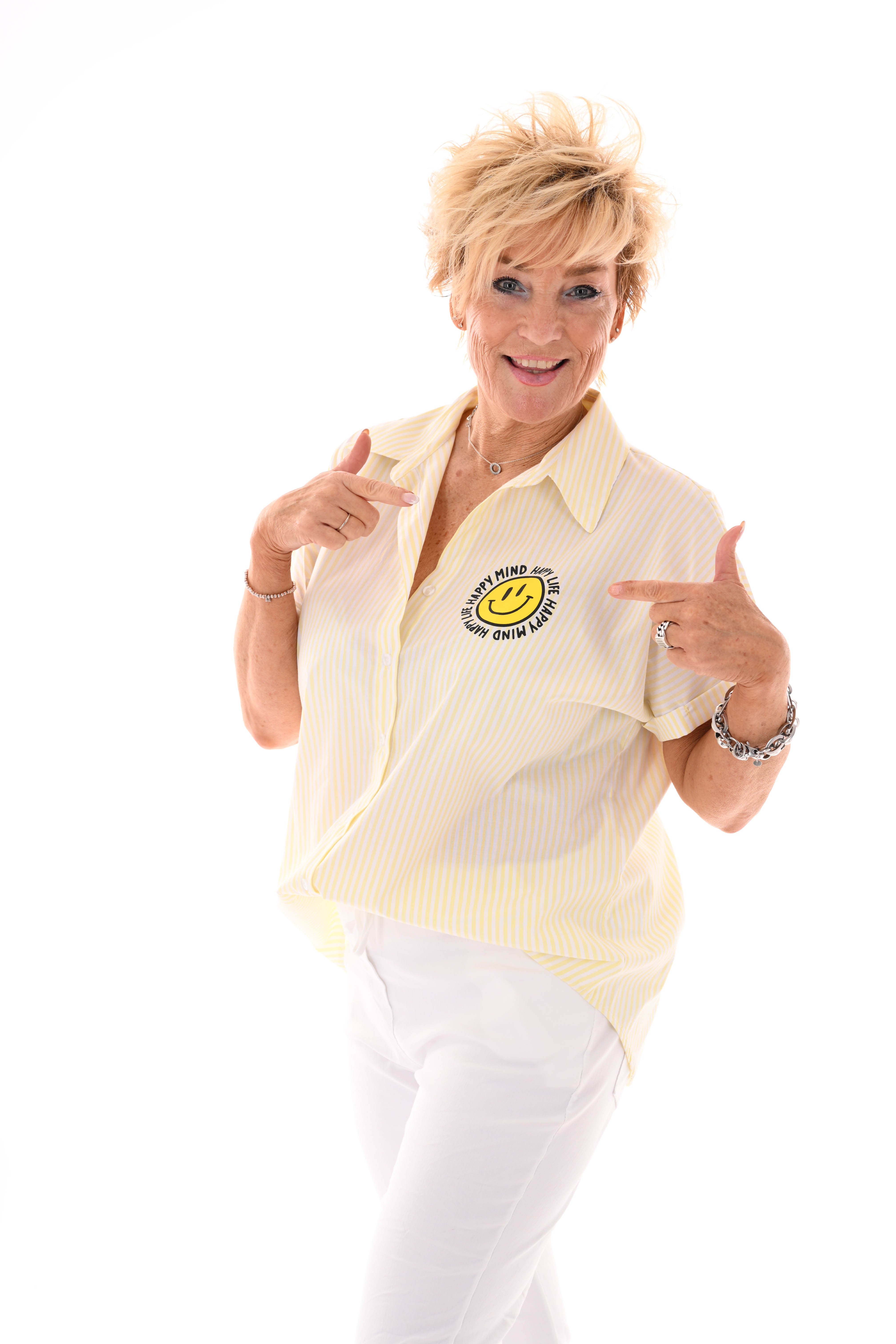 Blouse streepjes korte mouwen smiley lichtgeel