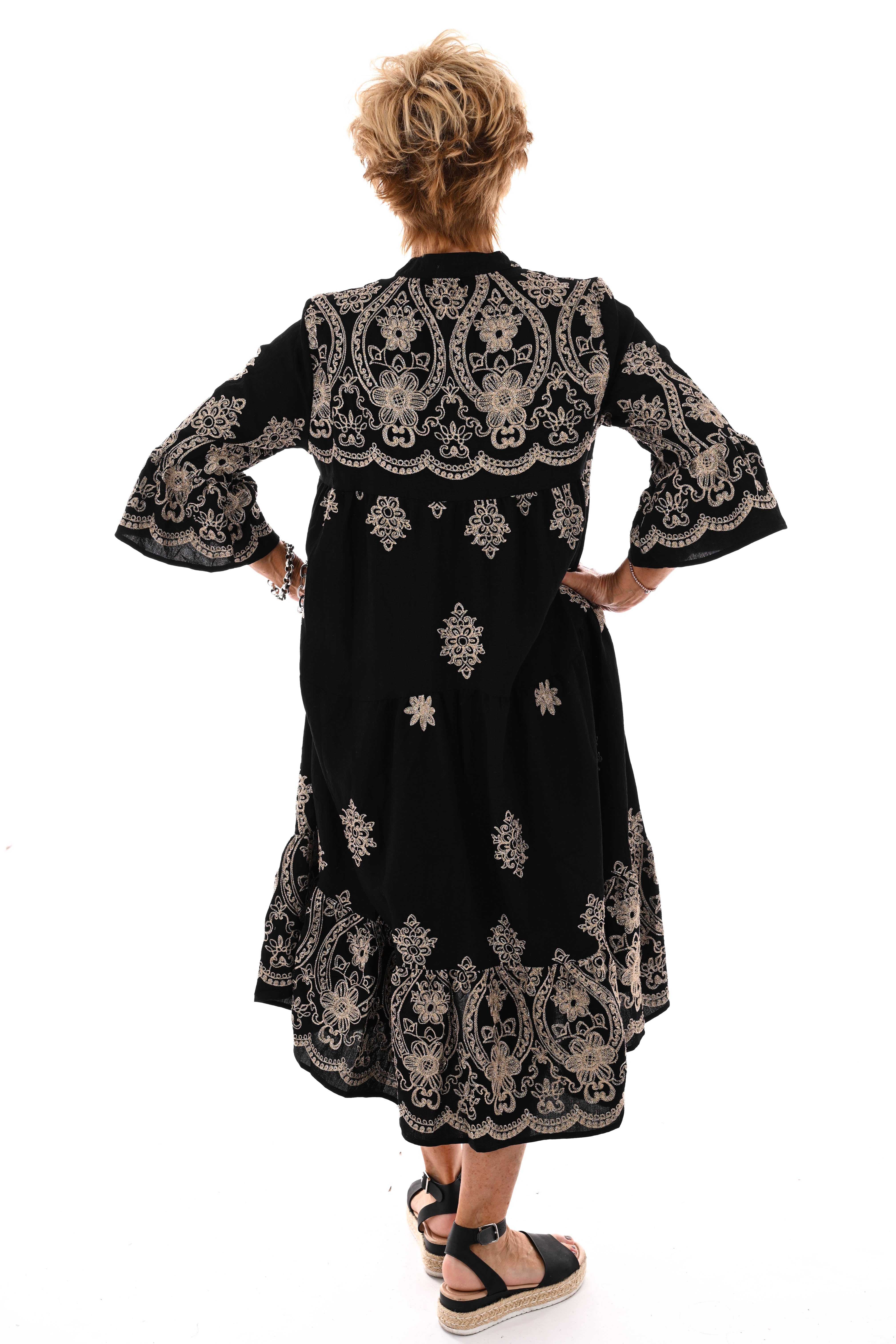 Lange jurk v-hals bladeren zwart