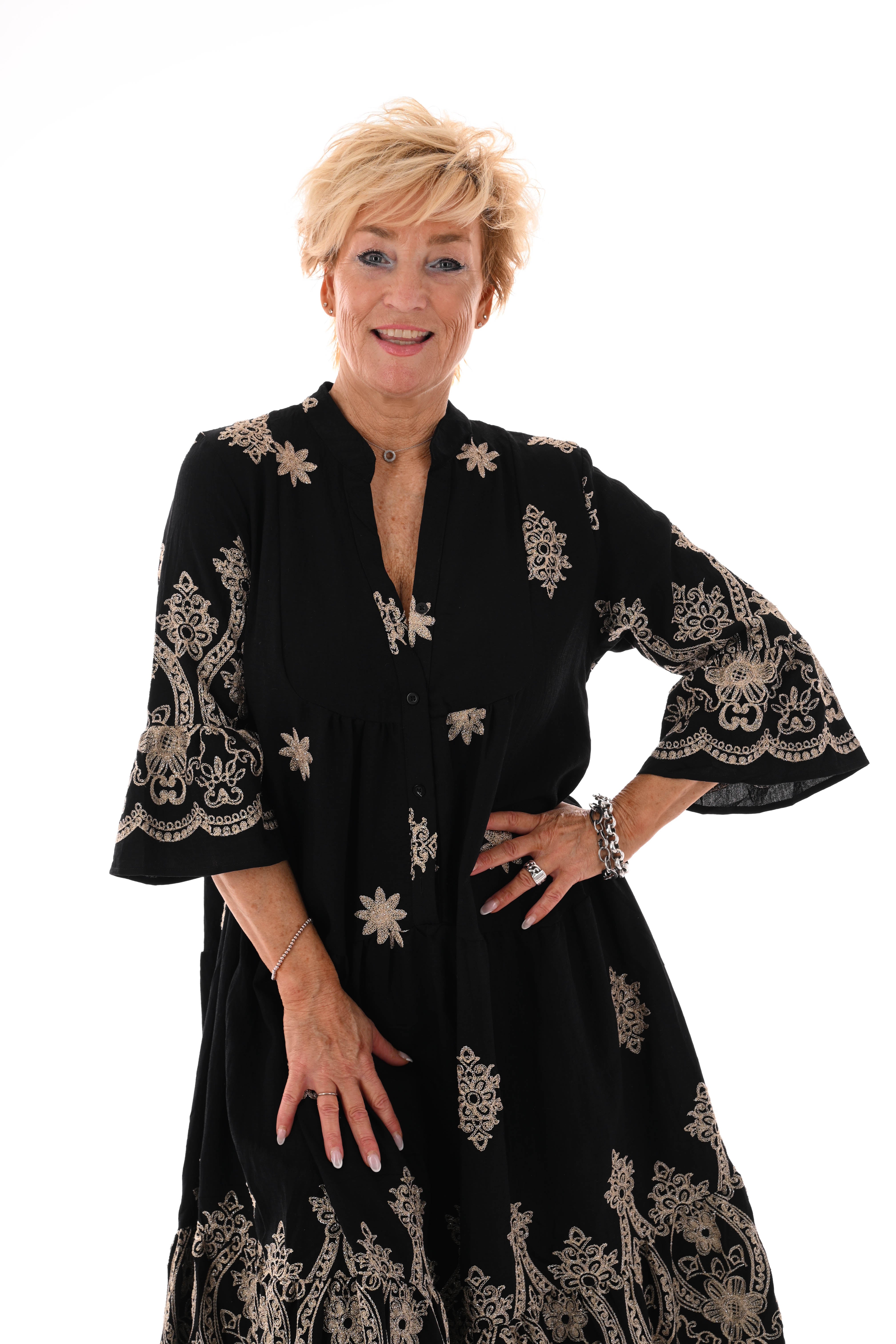 Lange jurk v-hals bladeren zwart