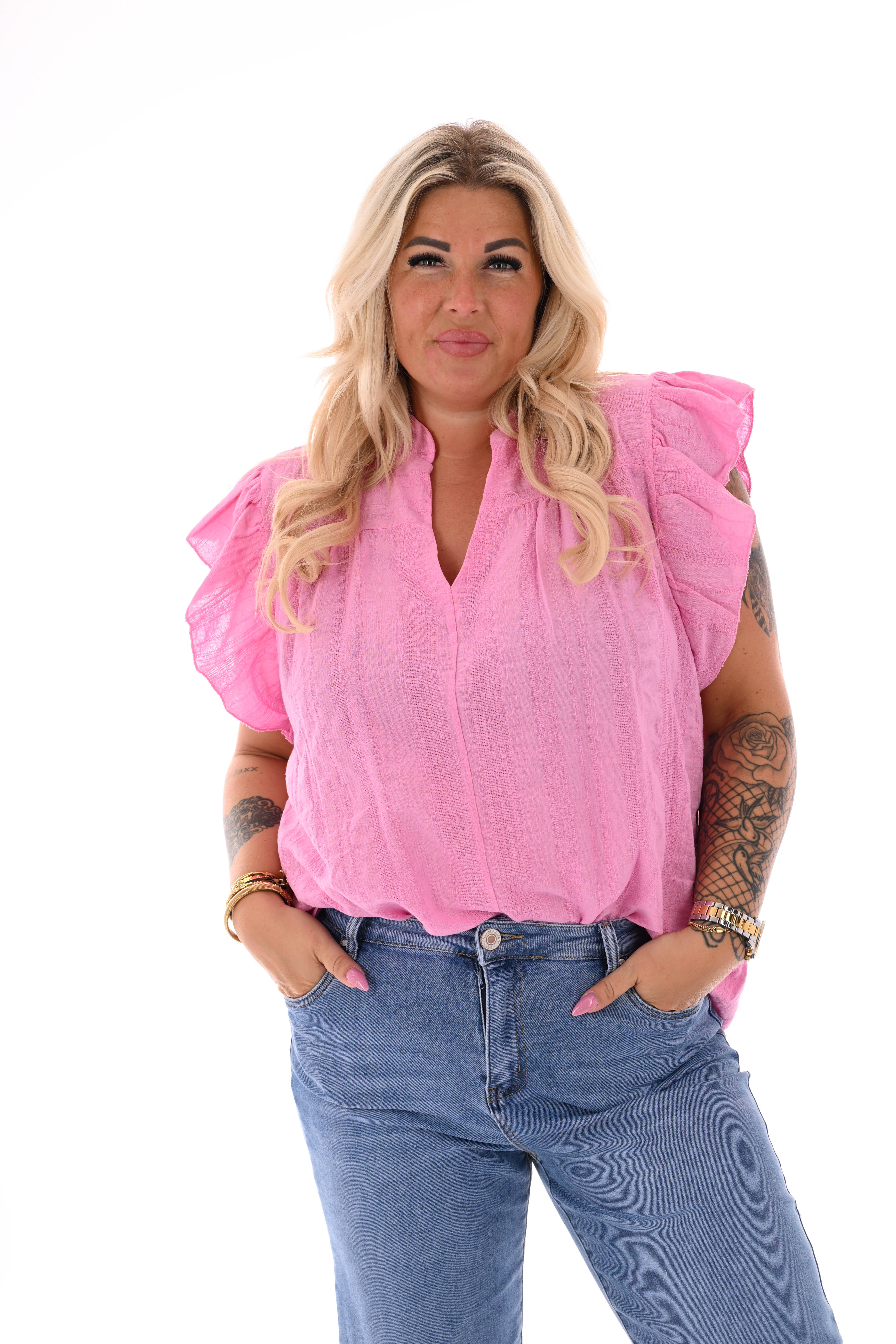 Top v-hals korte roezelmouwen roze