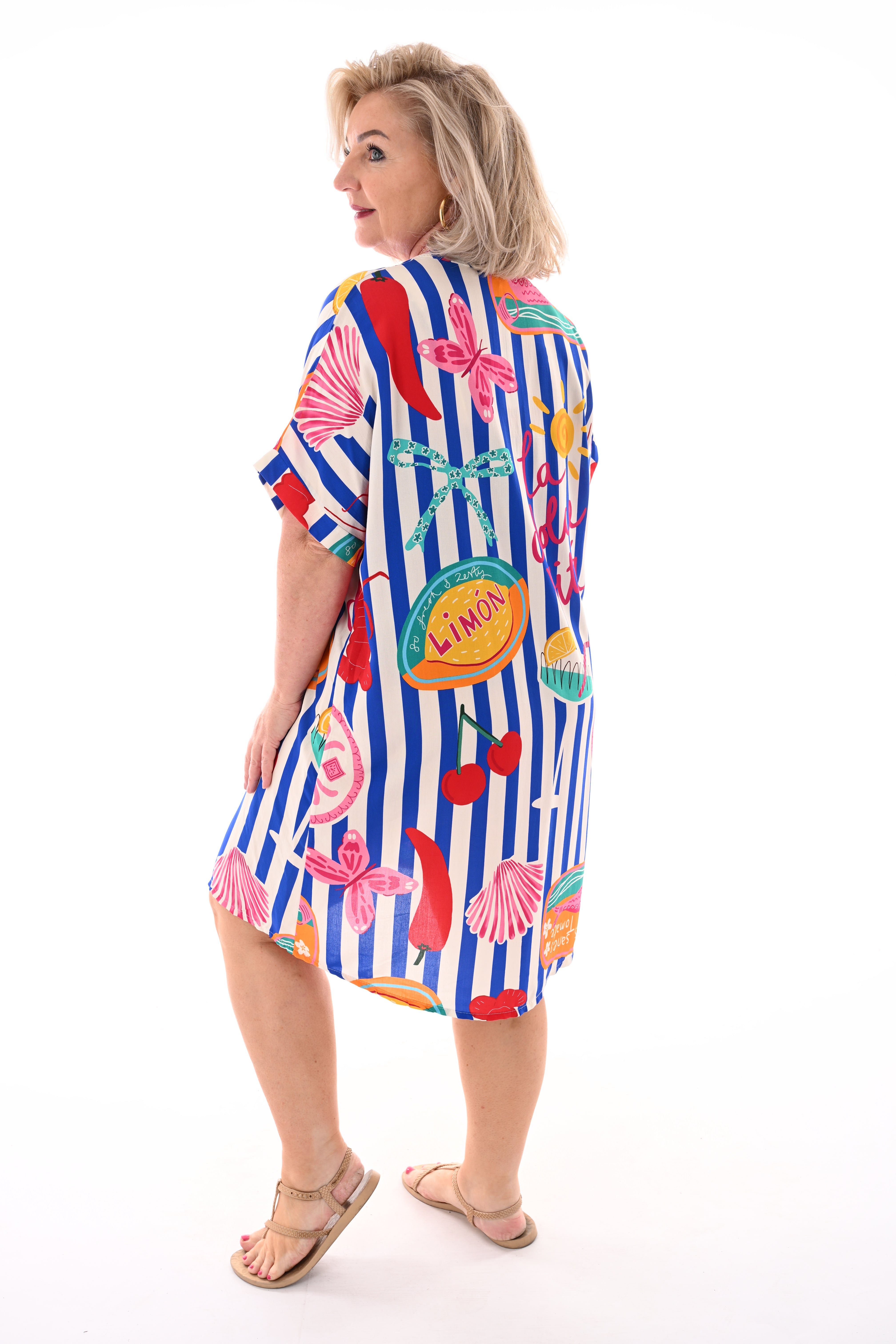 Tuniek v-hals print kobaltblauw/roomwit