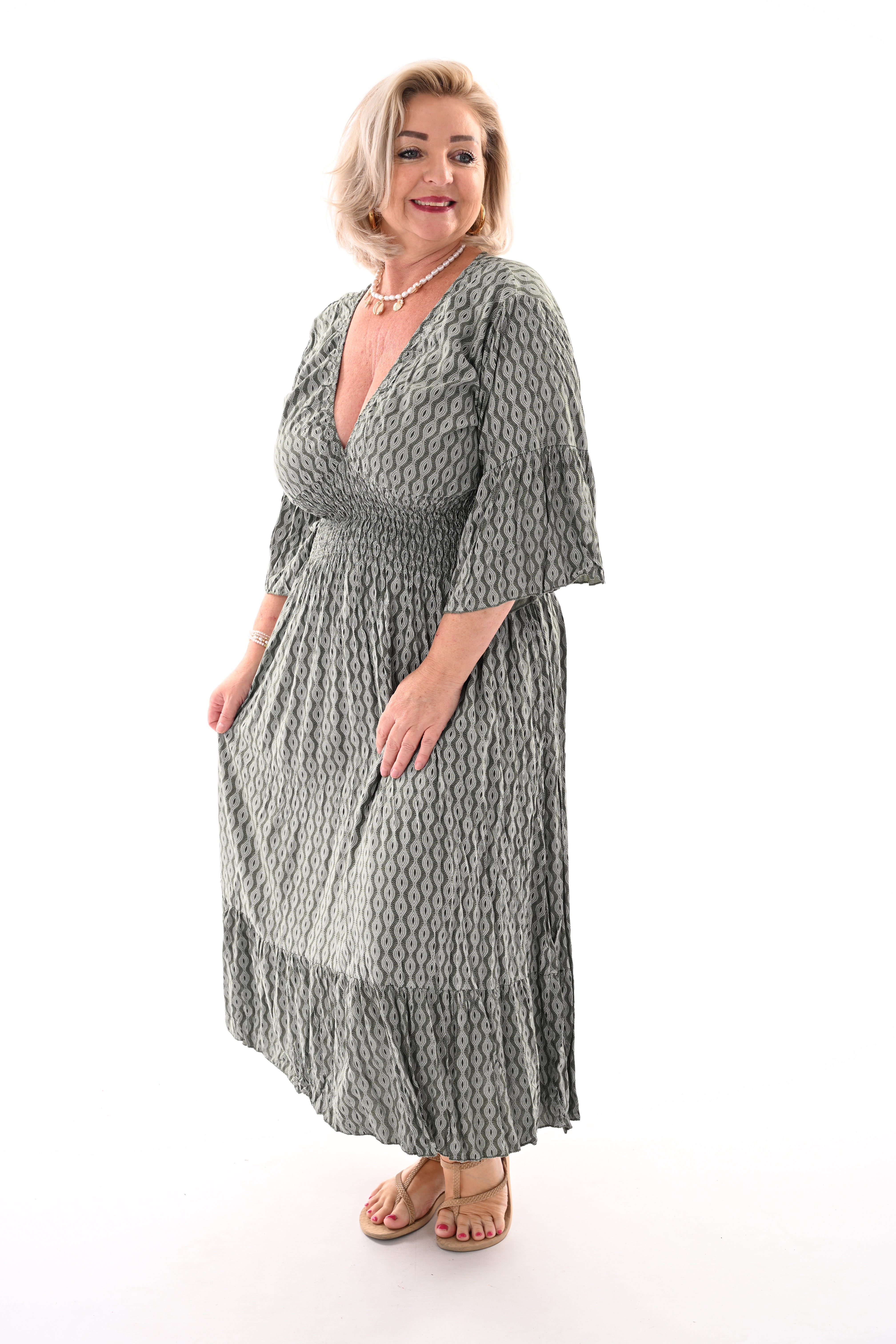 Midi jurk v-hals wave patroon legergroen