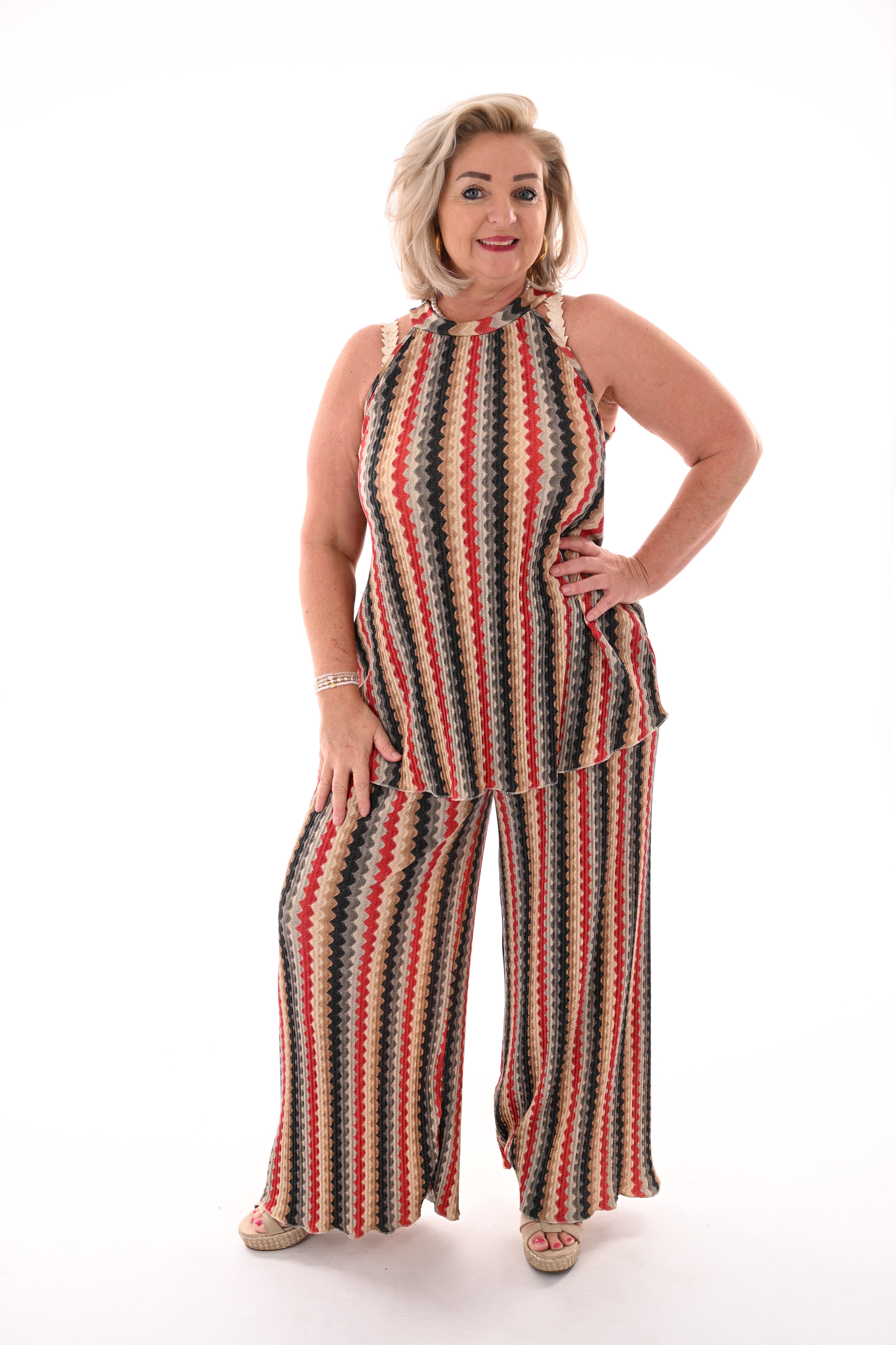 Tweedelig set plisse golf strepen zwart/rood