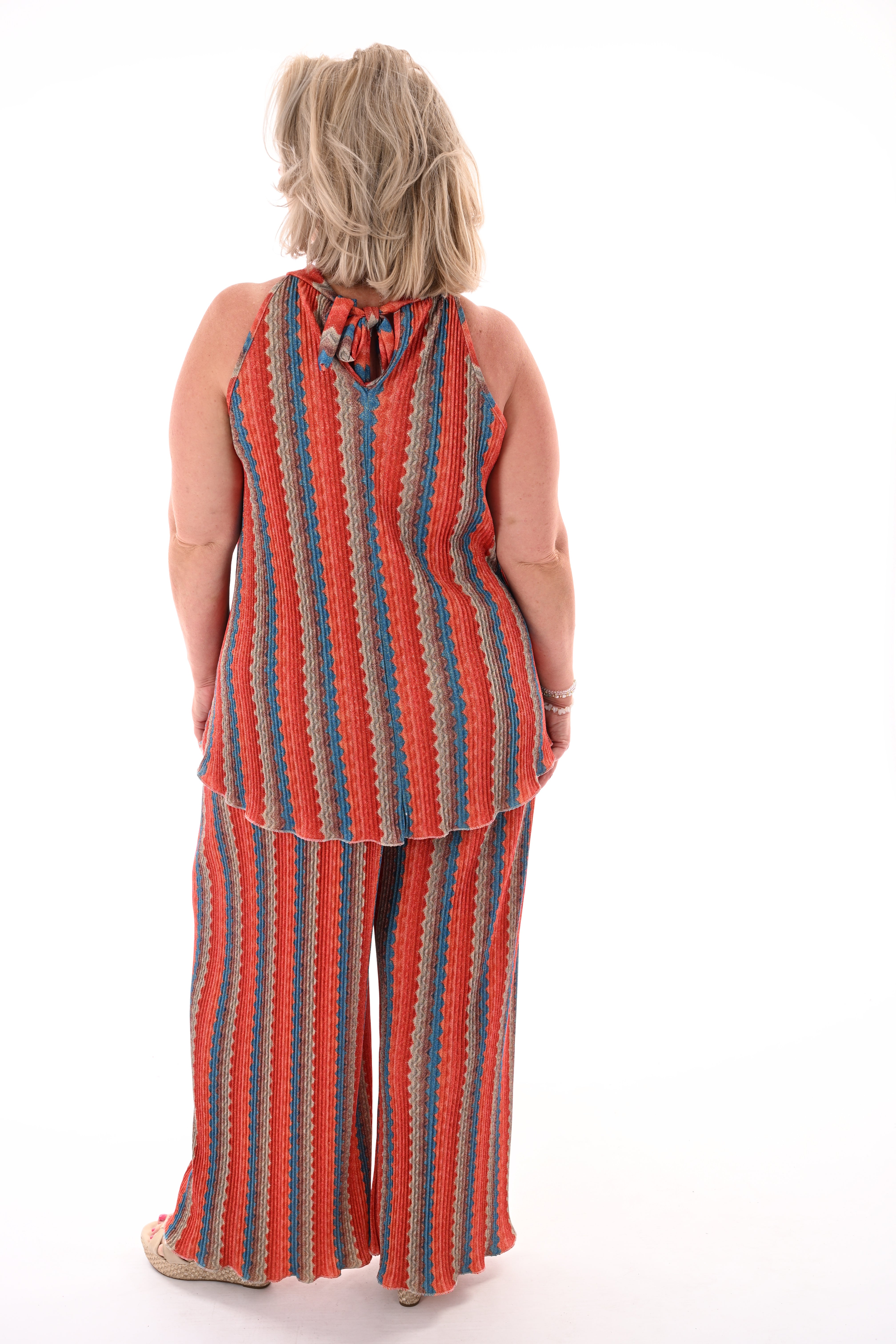 Tweedelig set plisse golf strepen oranje/blauw