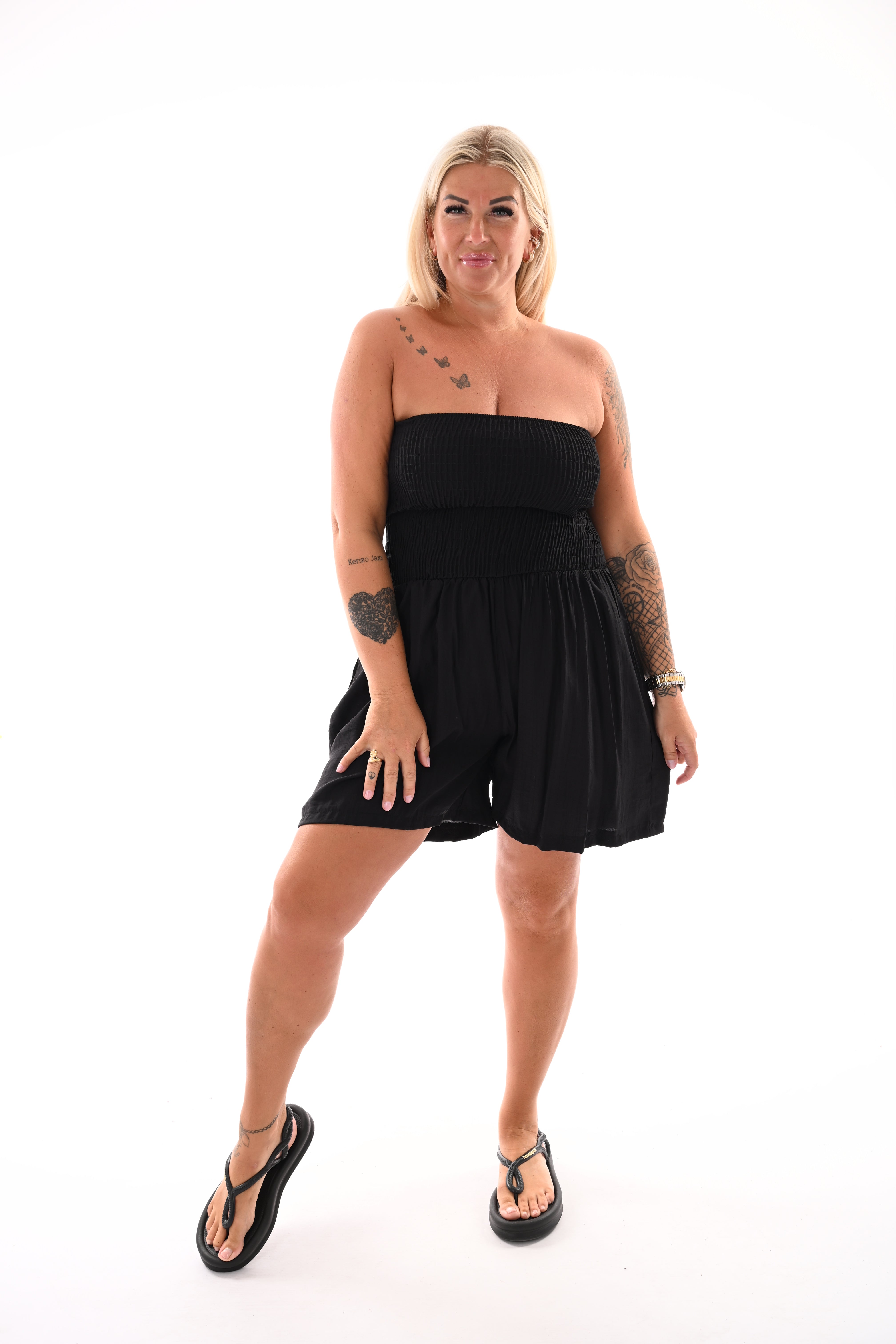 Strapless playsuit met zakken zwart