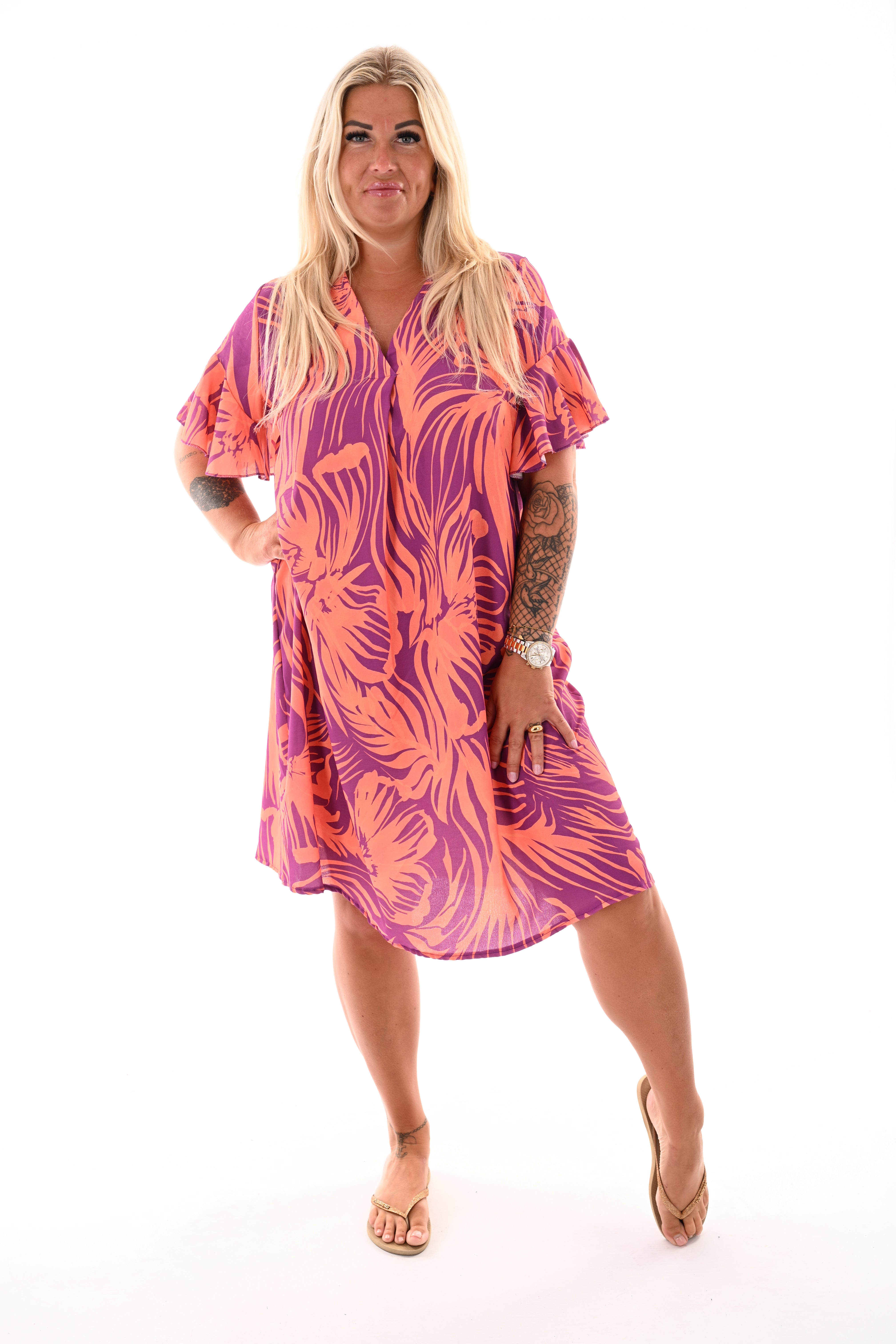 Jurk v-hals korte roezelmouwen print blad paars/oranje
