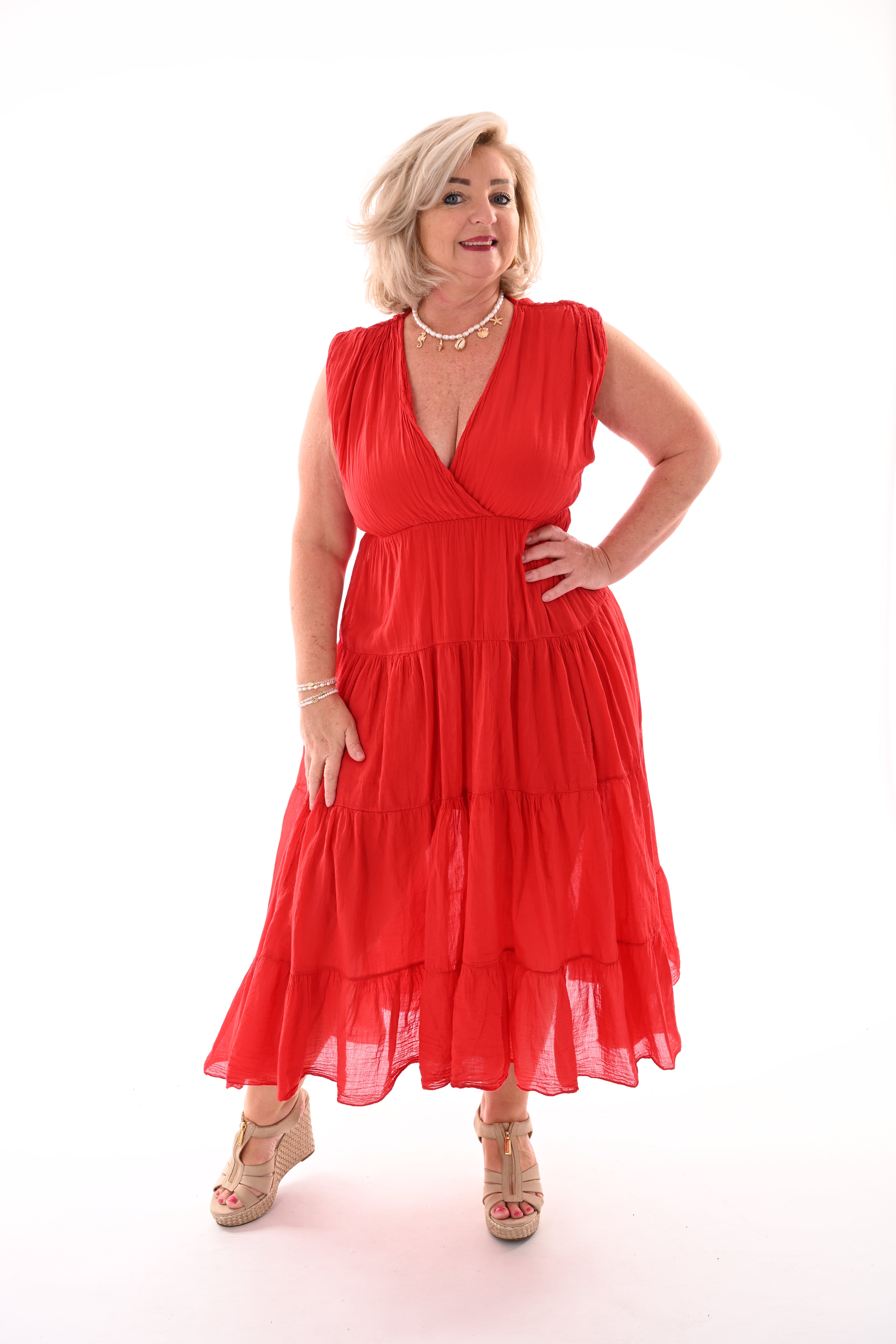 Lange jurk diepe v-hals met stroken rood