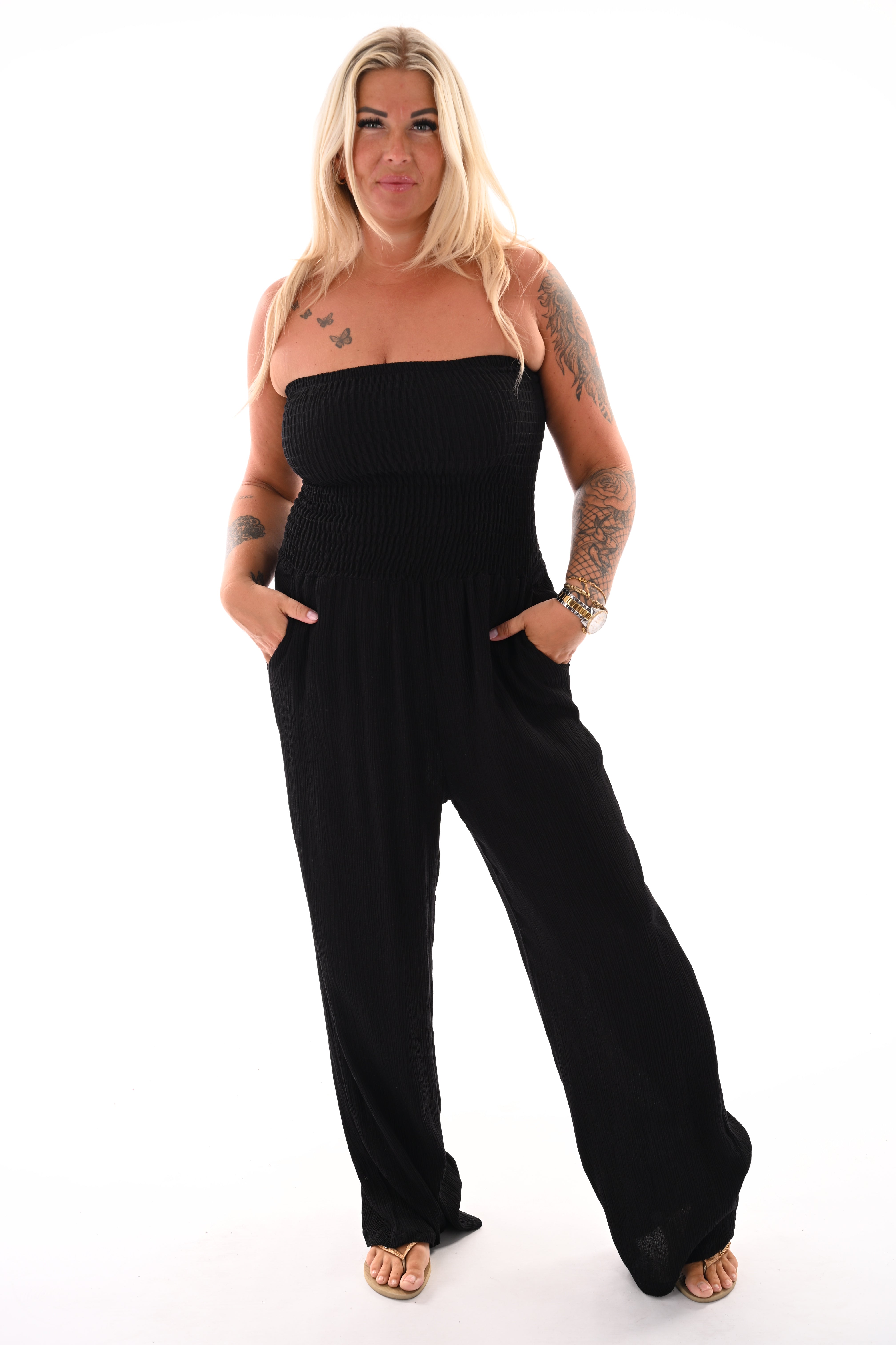 Strapless jumpsuit smock zwart
