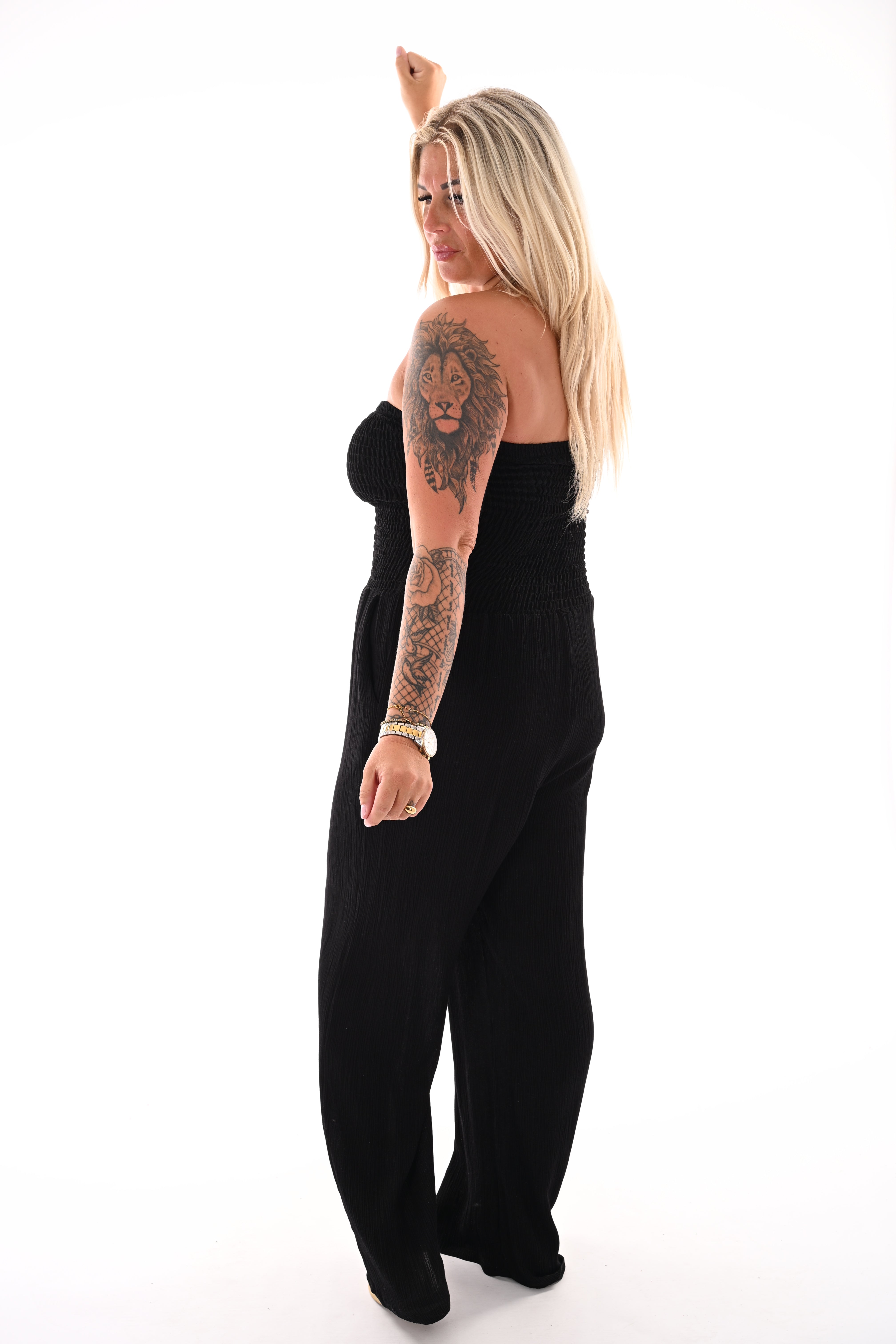 Strapless jumpsuit smock zwart