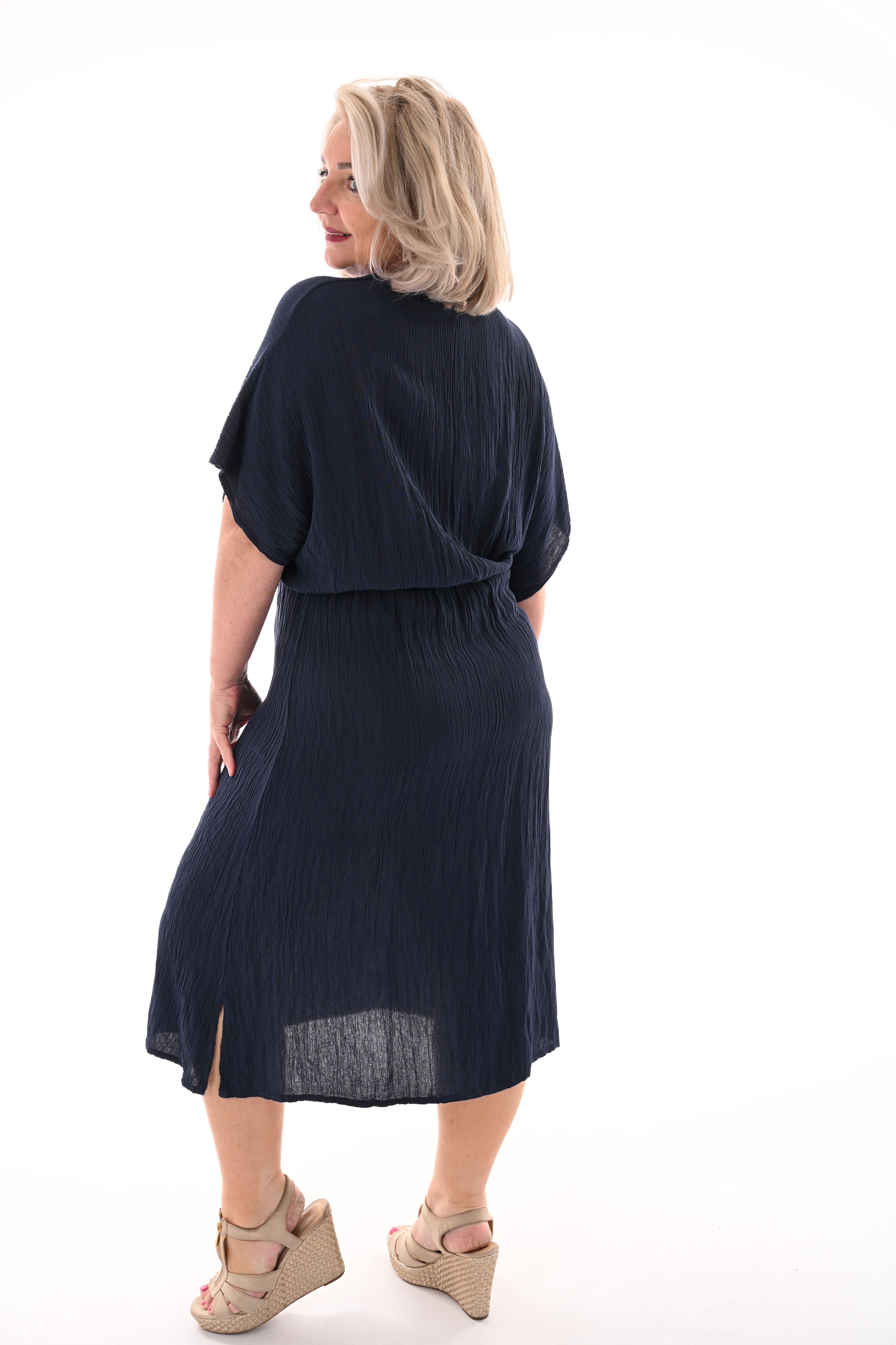 Midi jurk v-hals overslag uni marineblauw