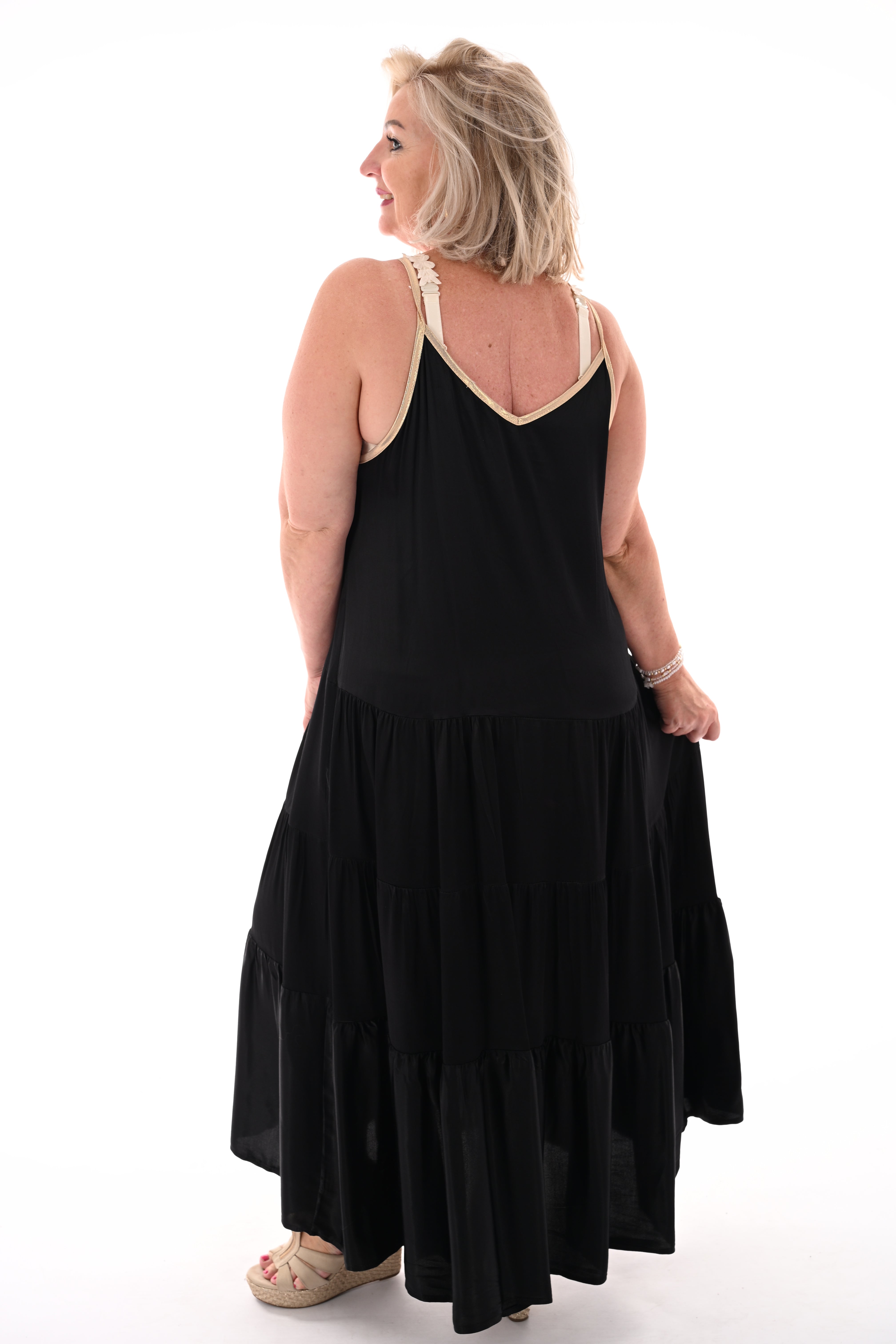 Maxi jurk silky met spaghetti bandjes zwart