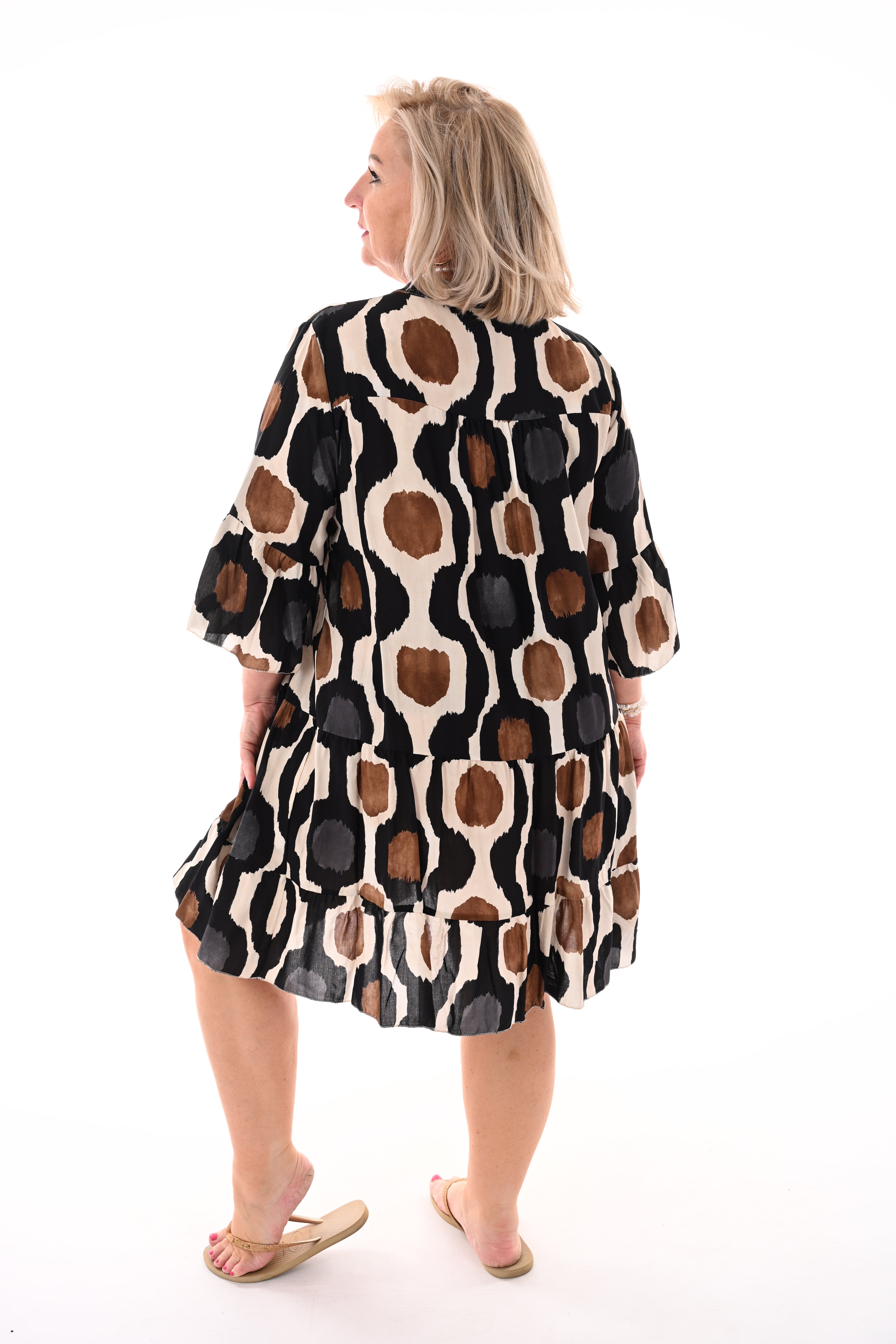 Tuniek v-hals retro abstracte cirkel print zwart