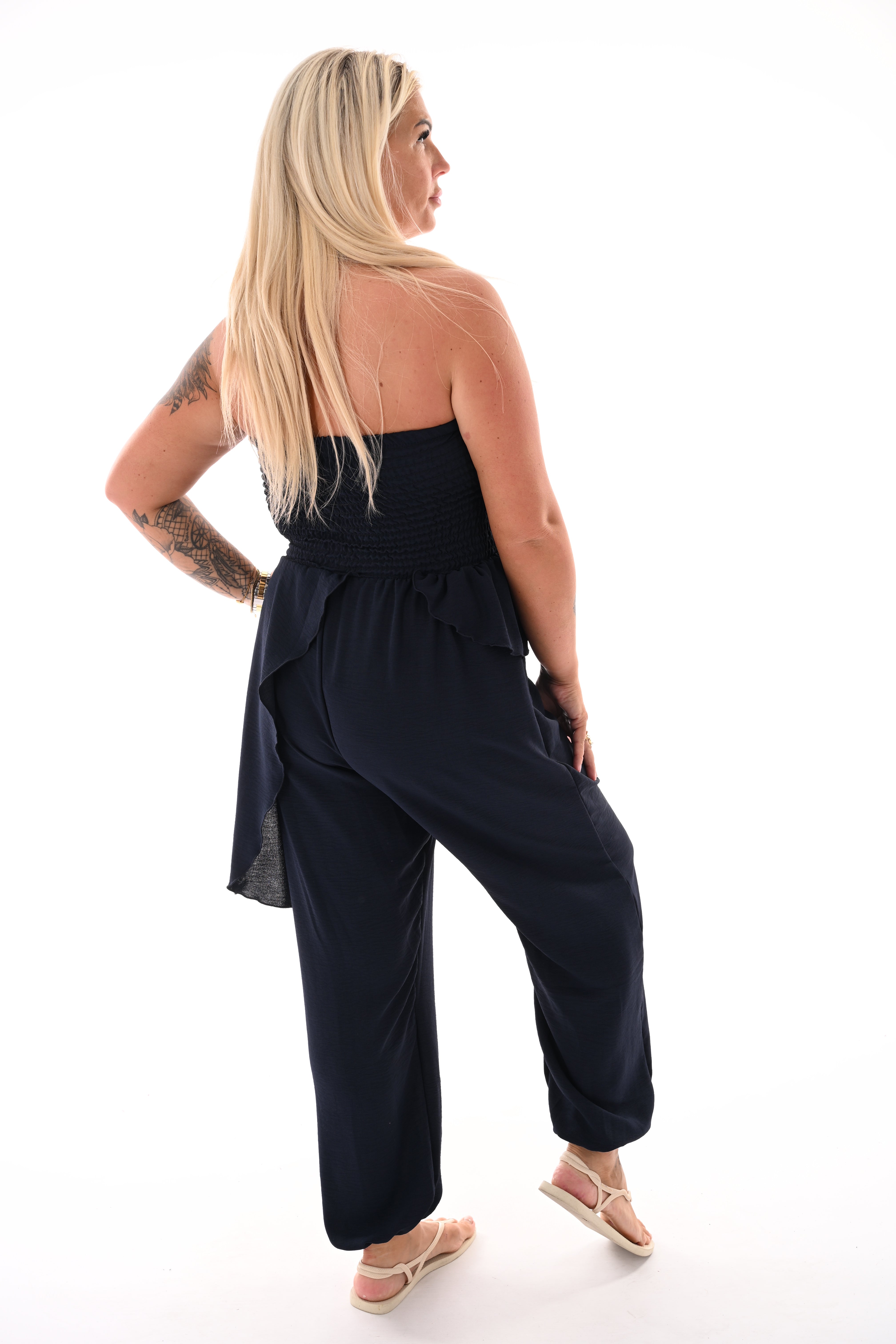 Strapless jumpsuit ruffle marineblauw