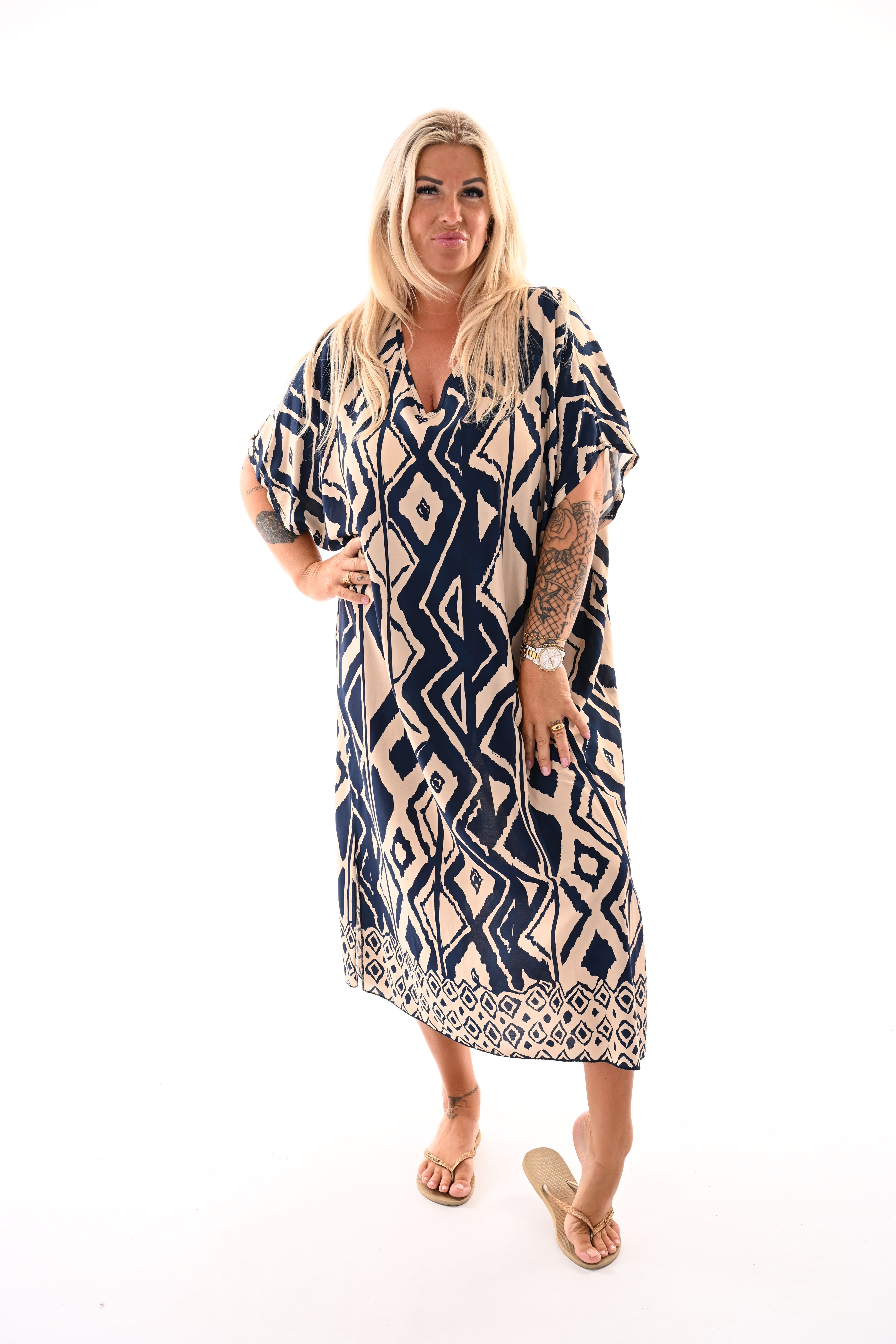 Lange jurk v-hals met ruiten marineblauw/beige