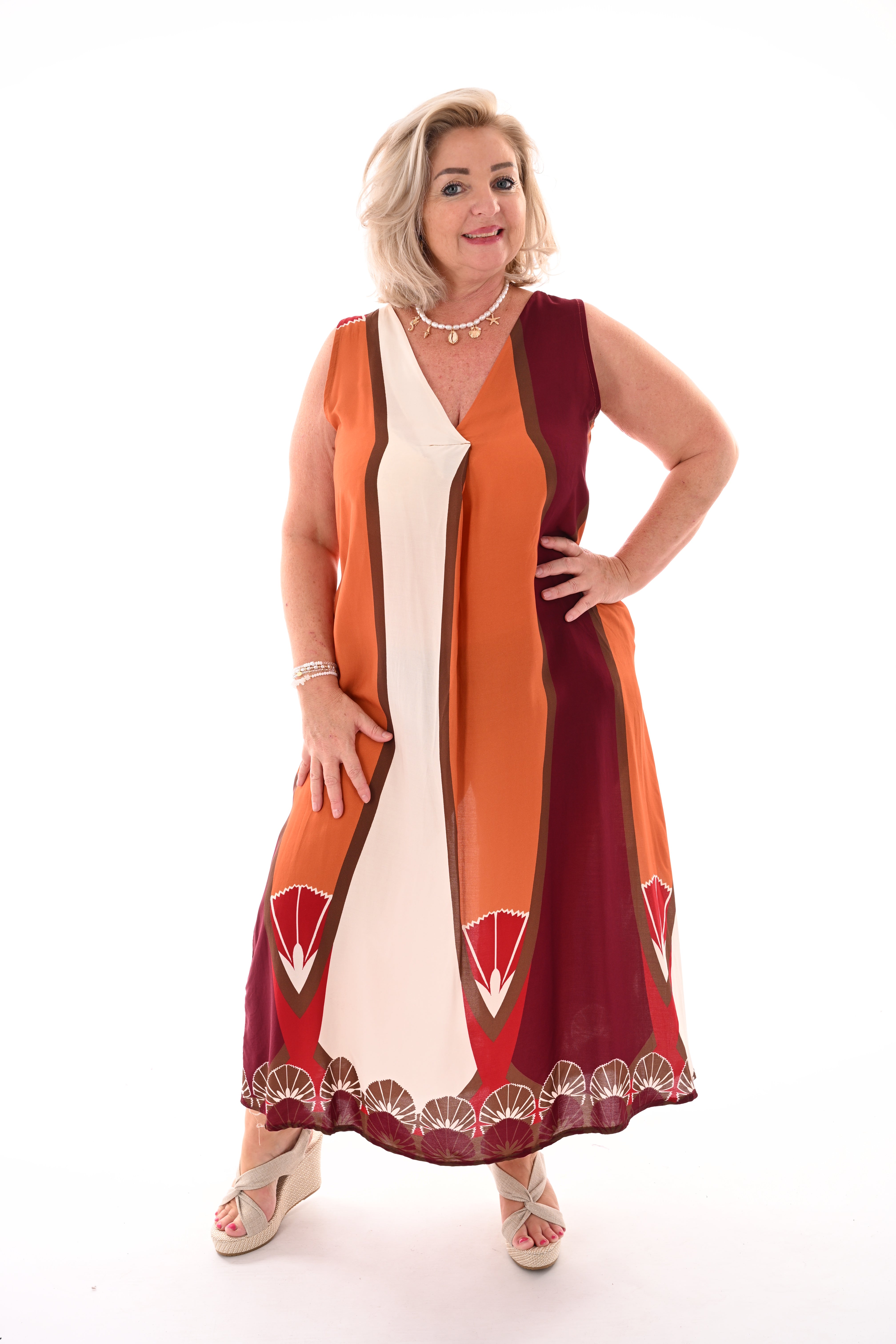 Maxi jurk mouwloos waaiers oranje/bordeaux