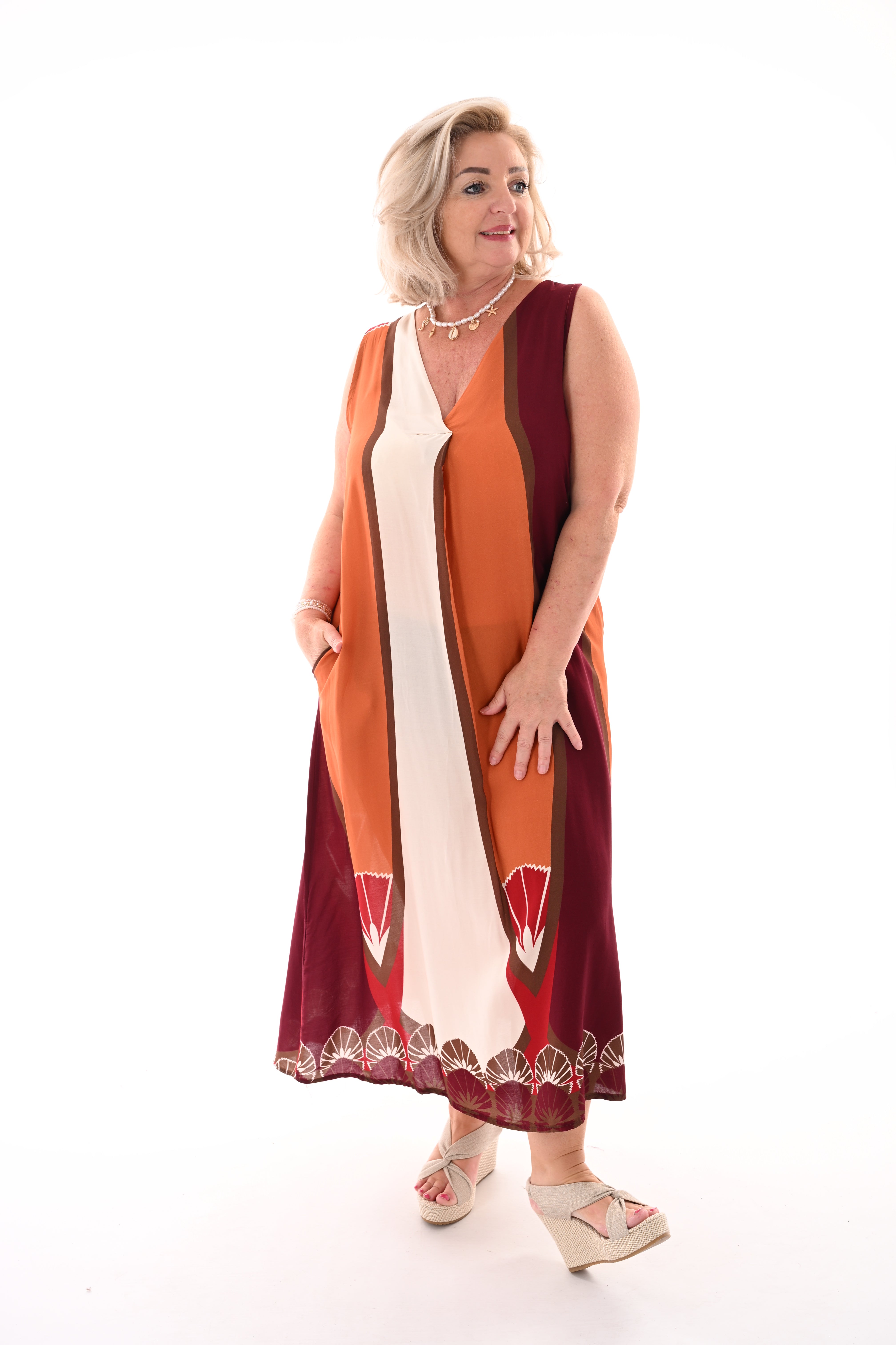Maxi jurk mouwloos waaiers oranje/bordeaux