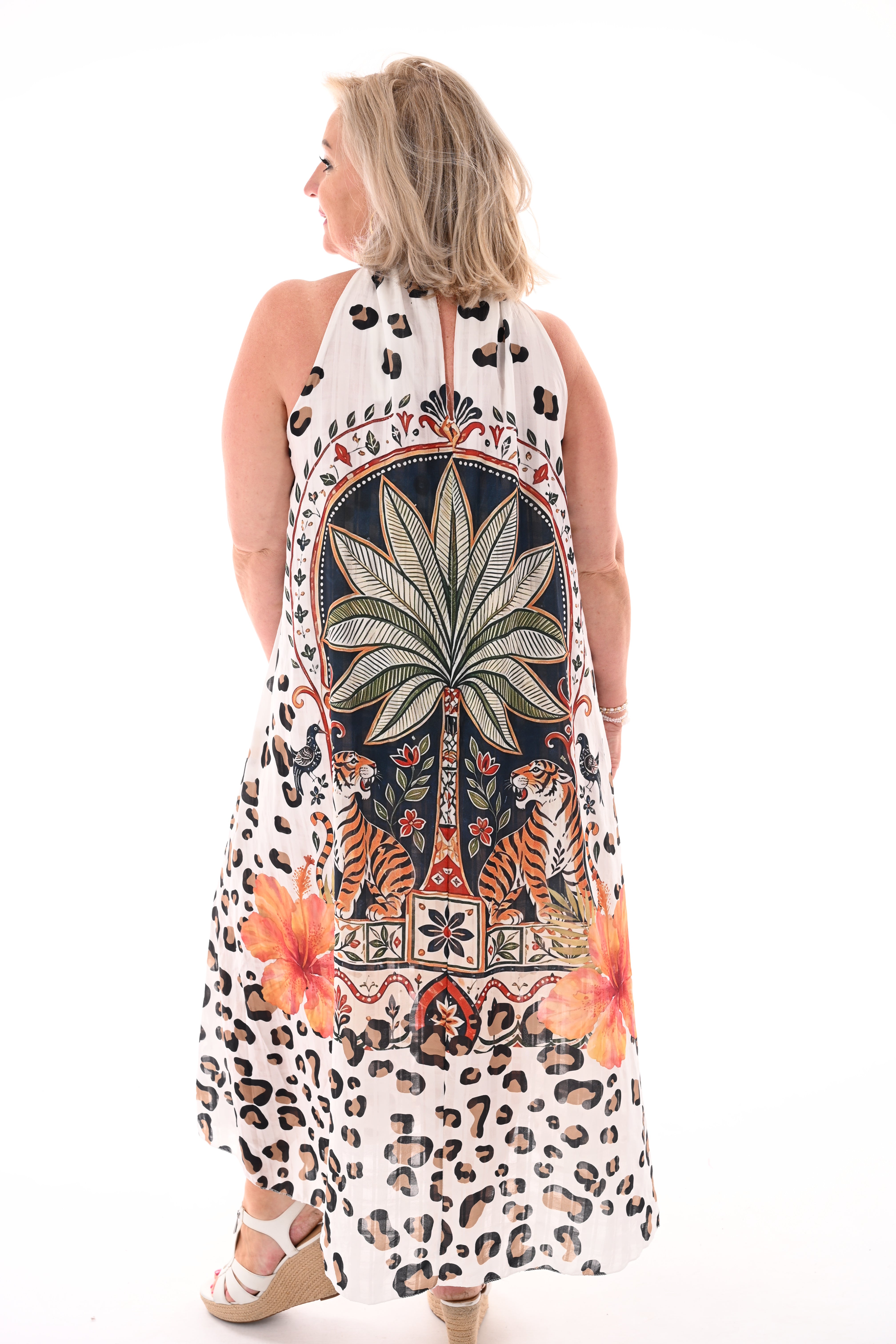 Lange jurk halter tropische print marineblauw/groen