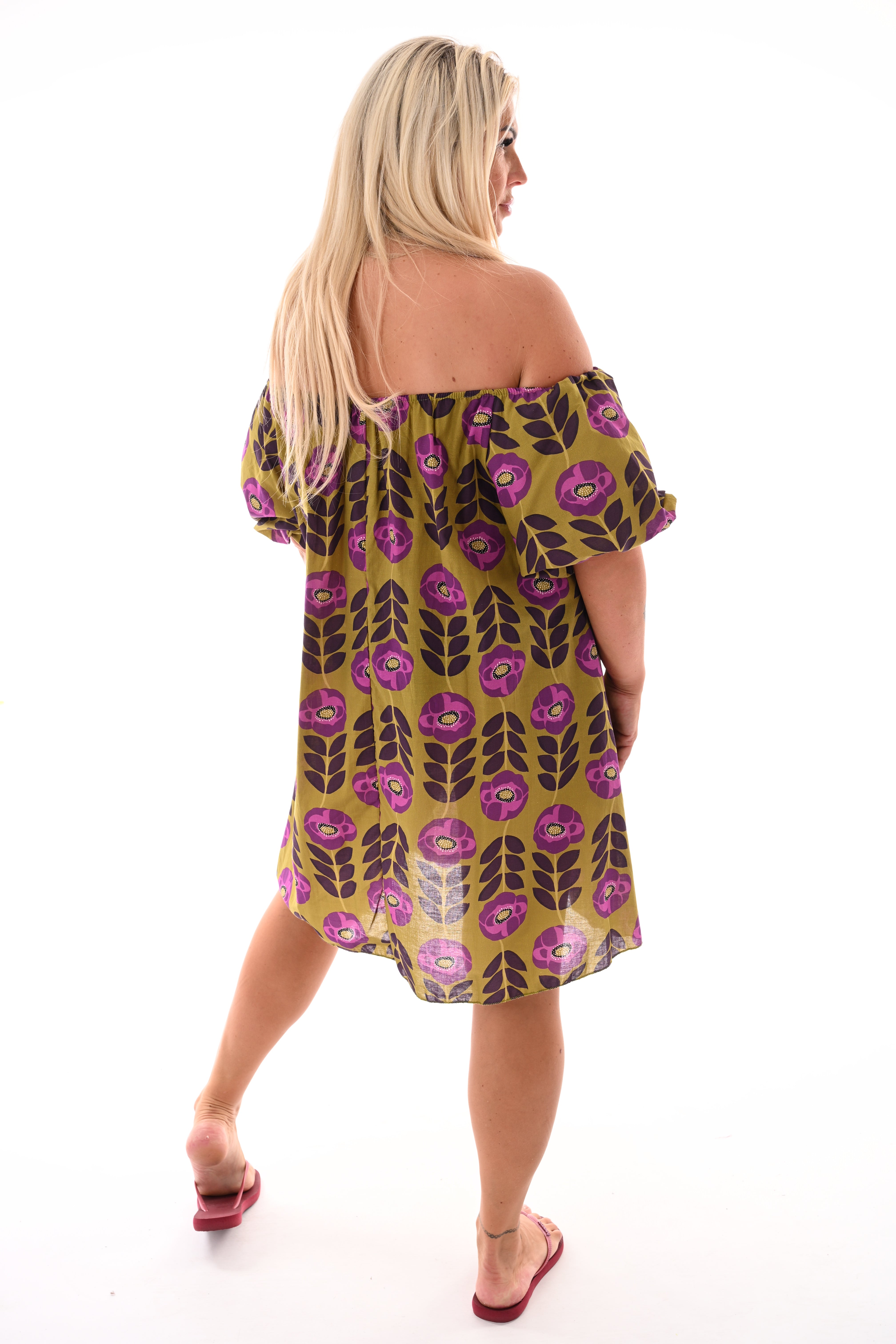 Off-shoulder jurk korte pofmouwen bloemen pistache/paars