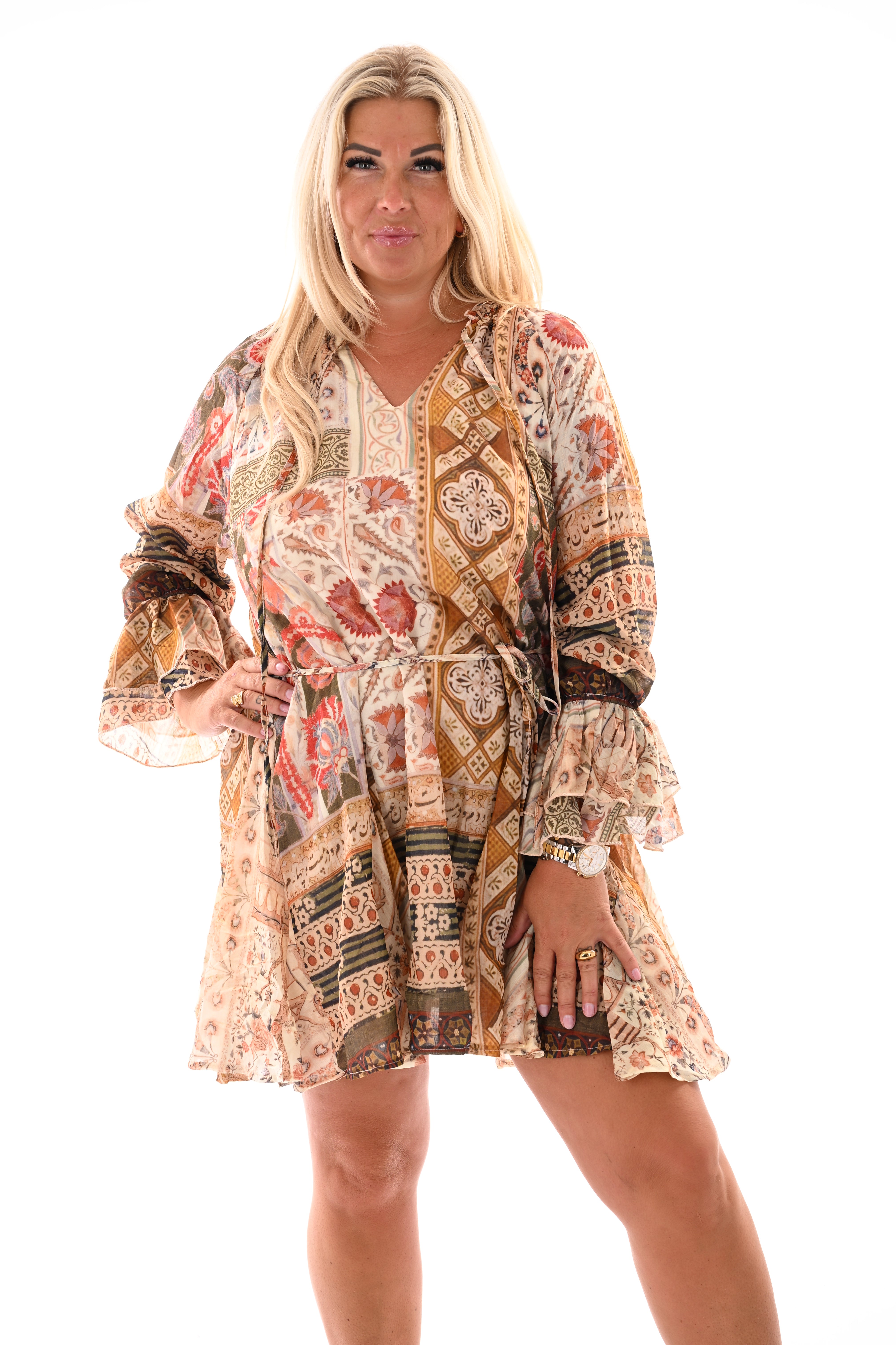 Korte jurk waaiers beige/groen