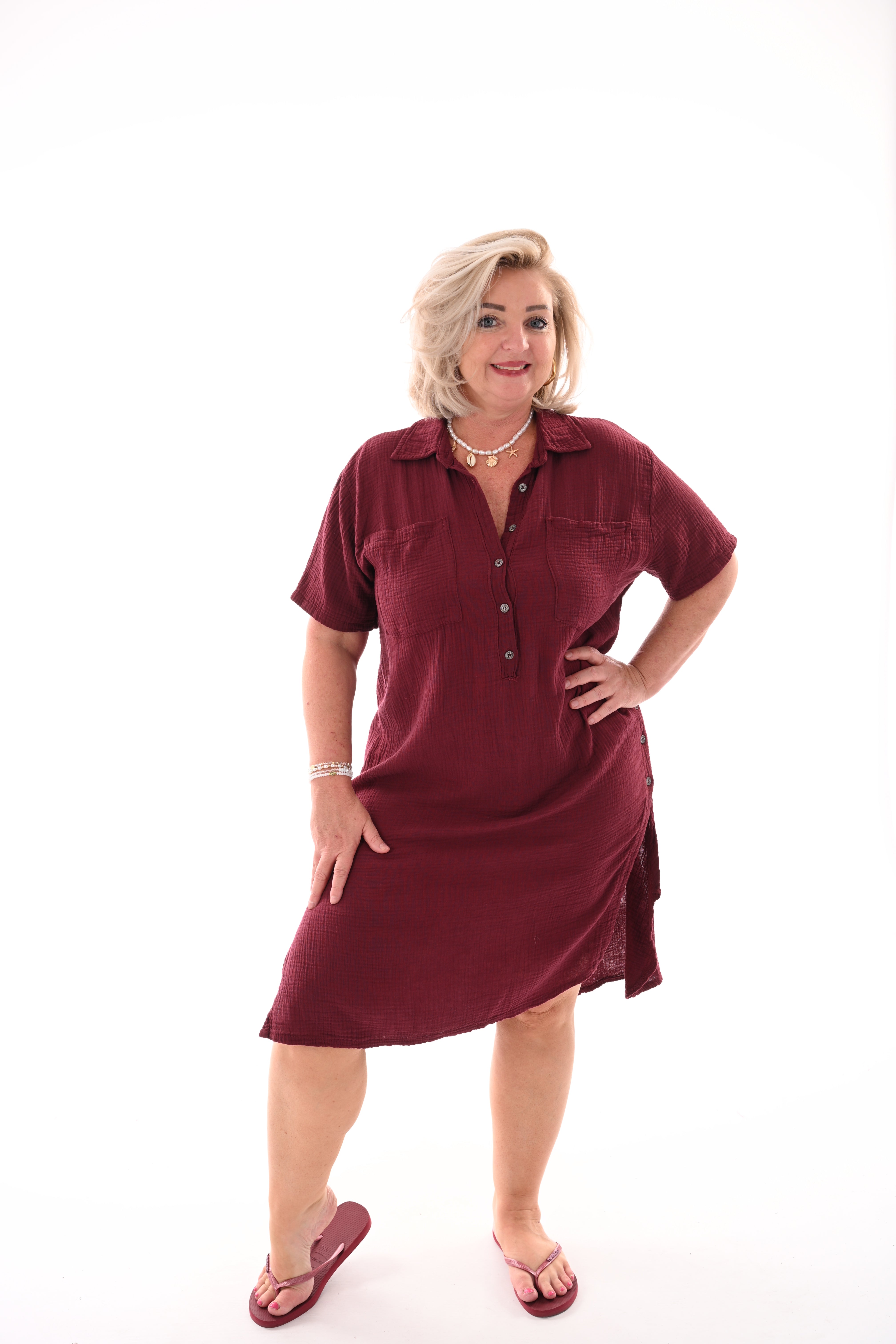 Lange blouse met borstzakjes bordeaux