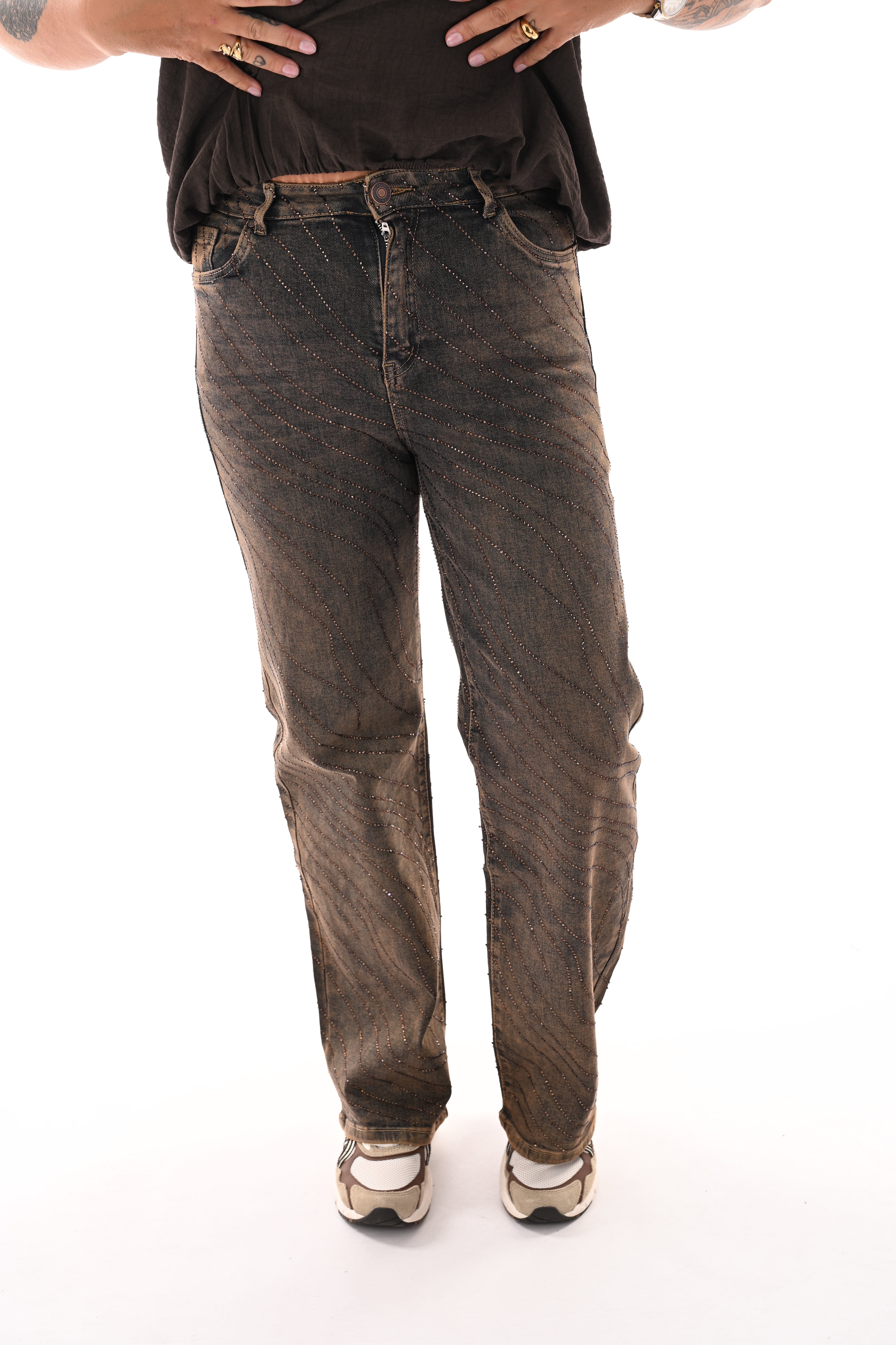 Goodies wide leg strass stonewash bruin