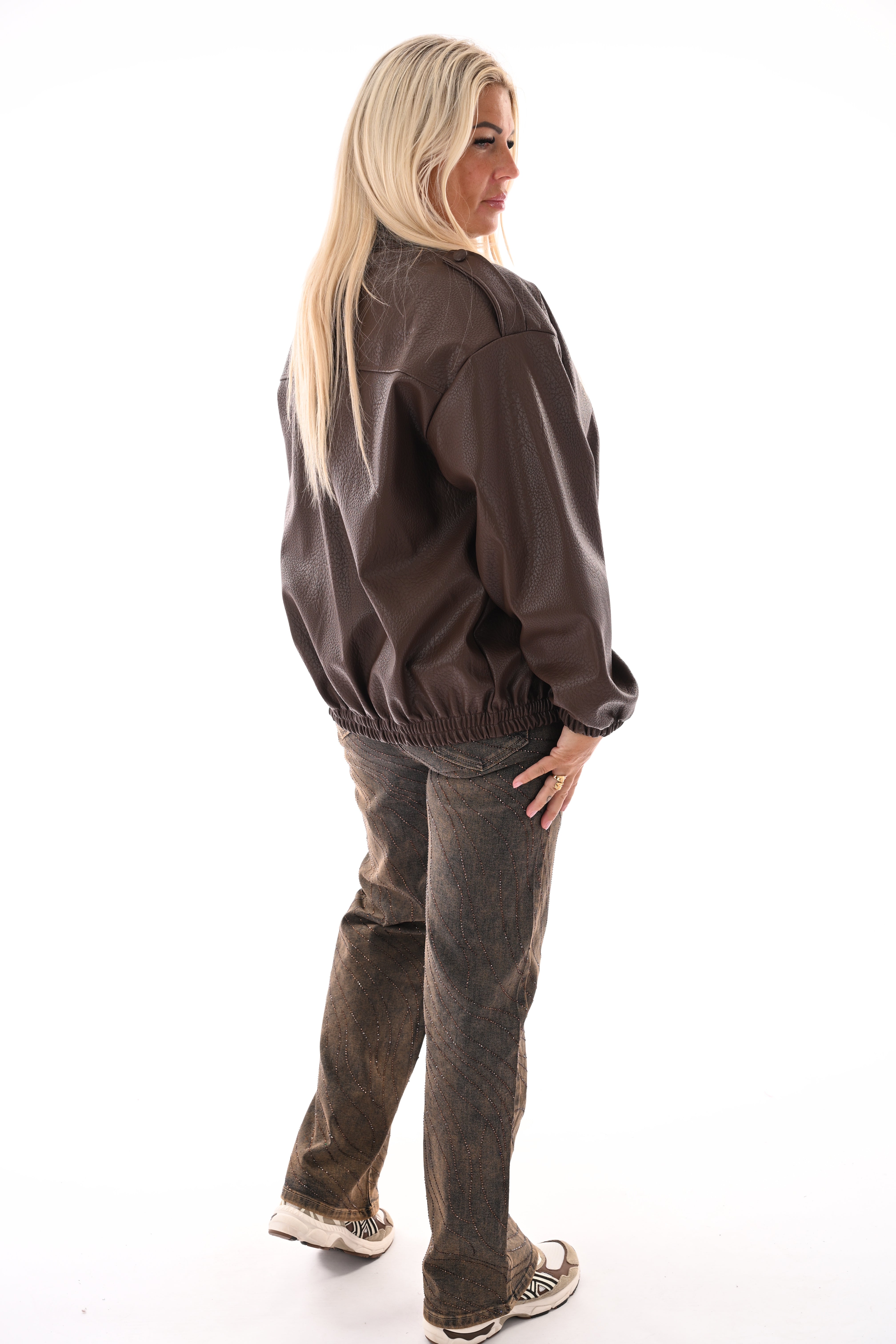 Leather look jasje overslag bruin