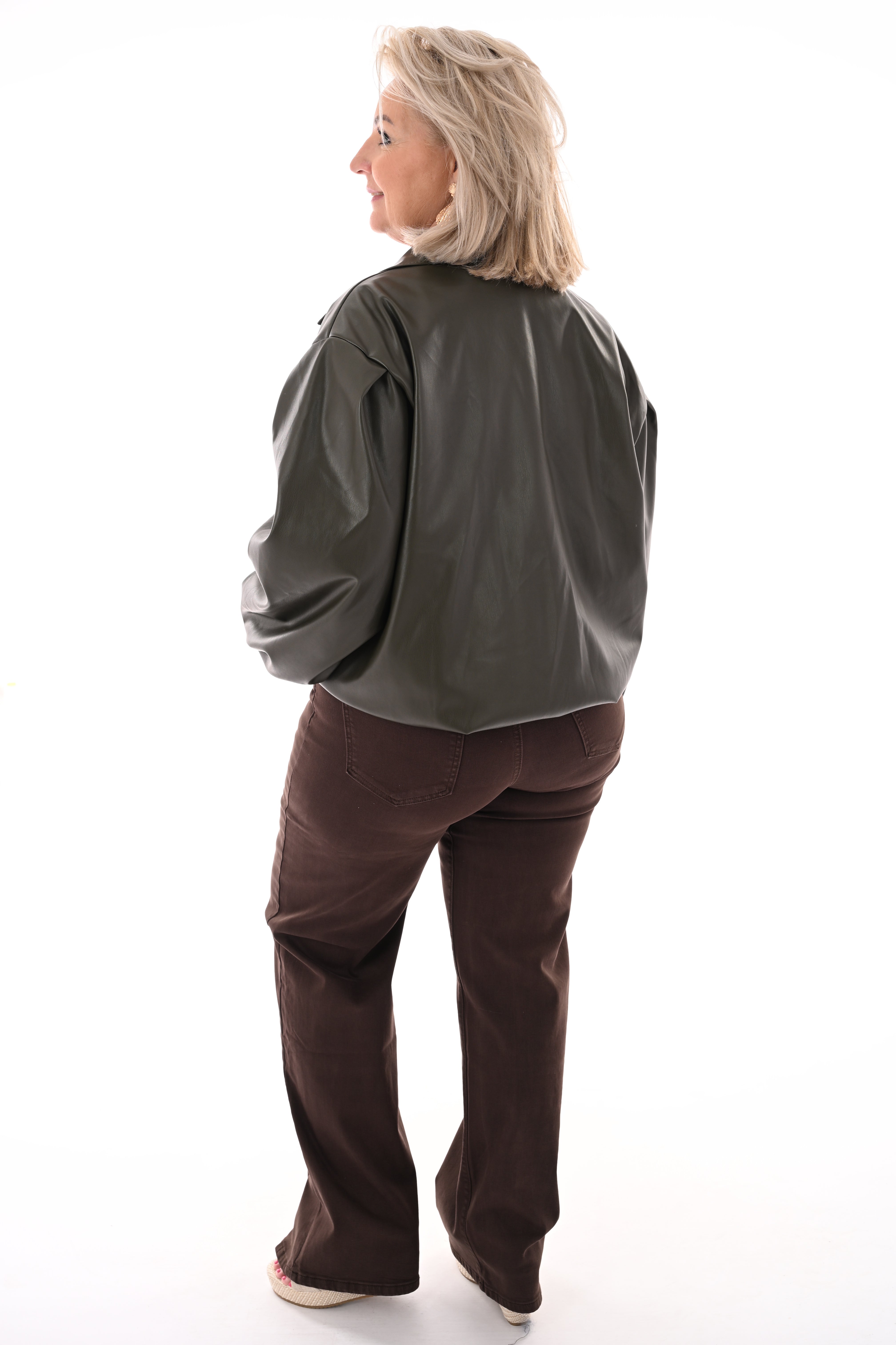 Korte leatherlook bomber dubbele knopen legergroen