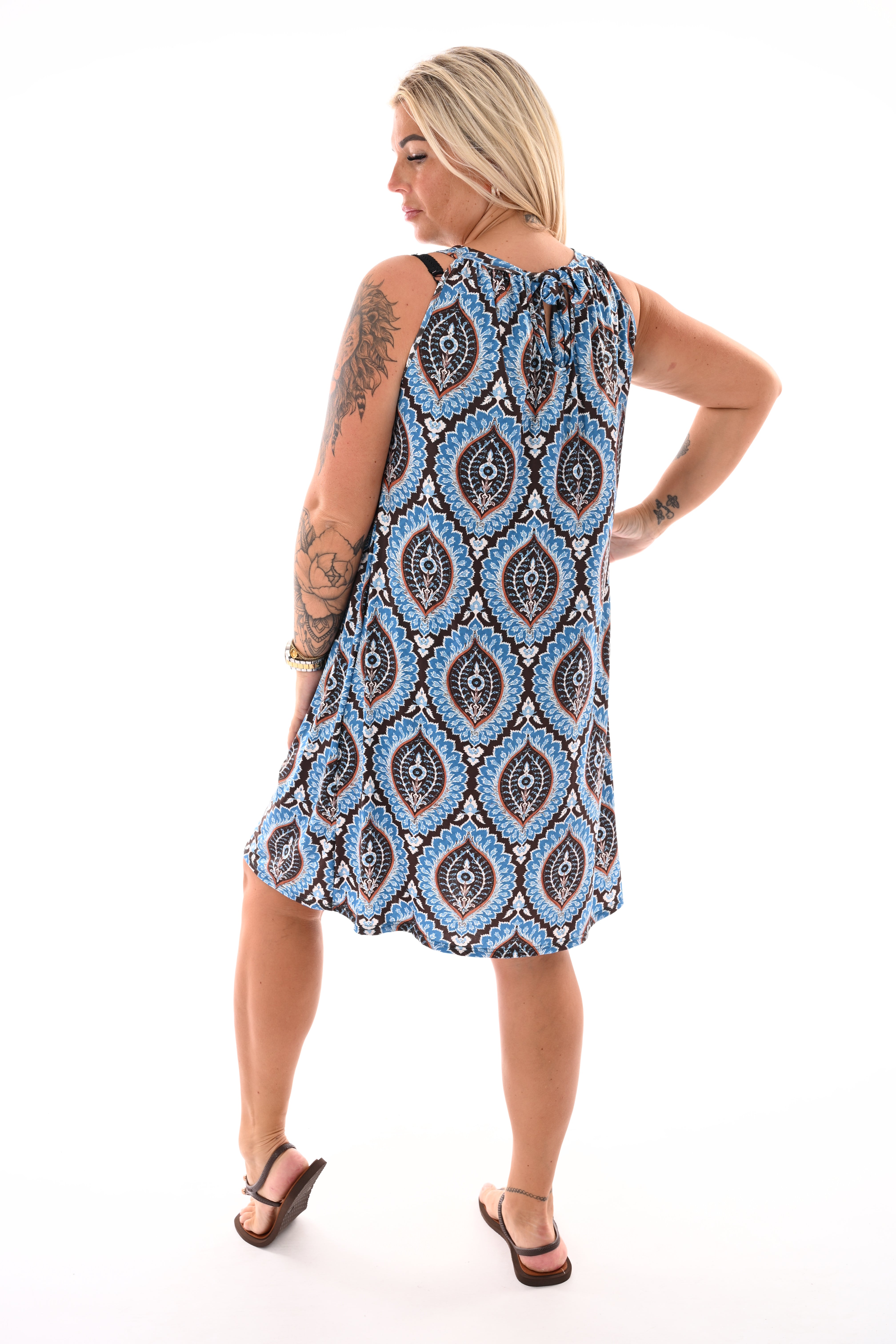 Halter jurk print damast jeansblauw