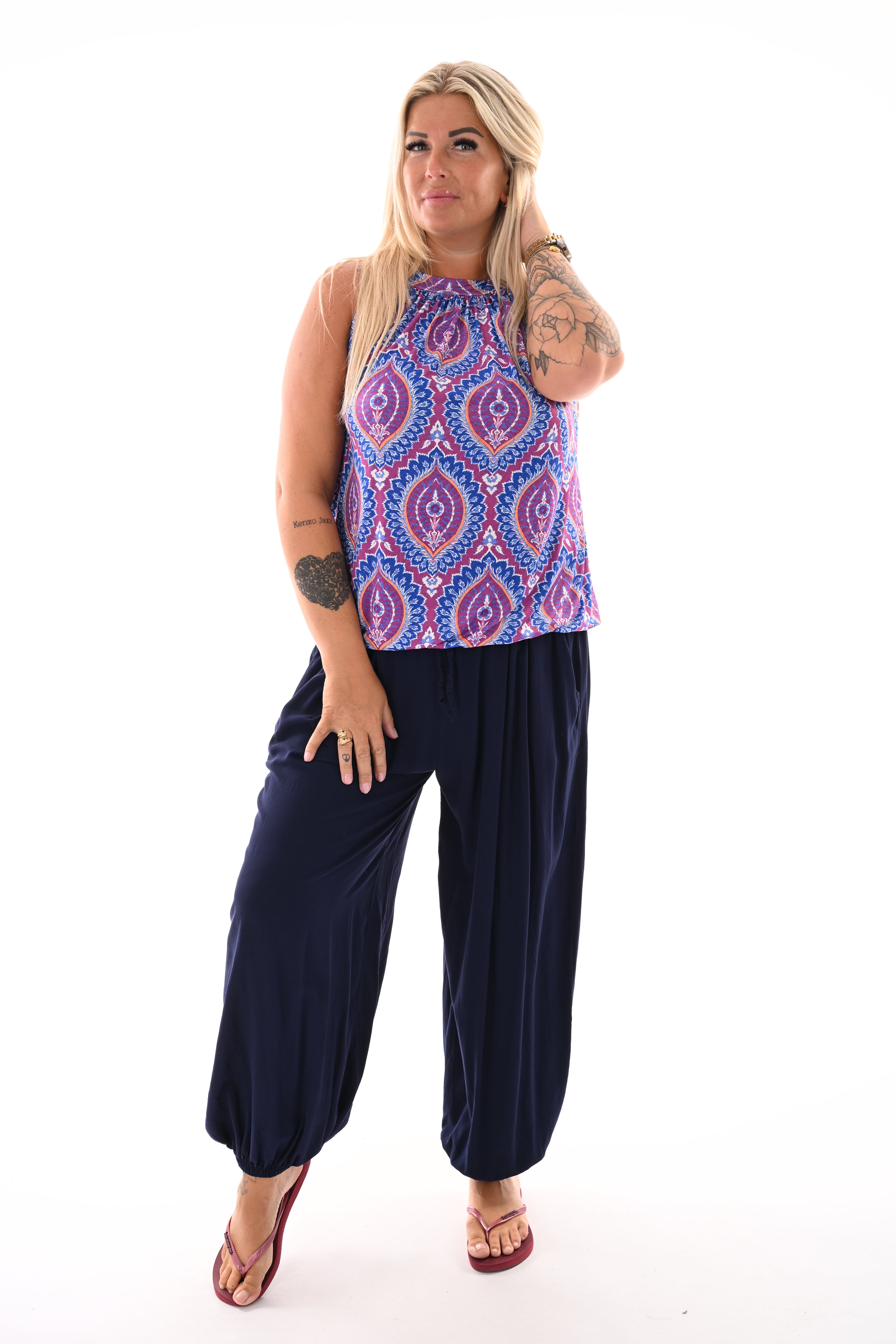 Halter top print damast kobaltblauw