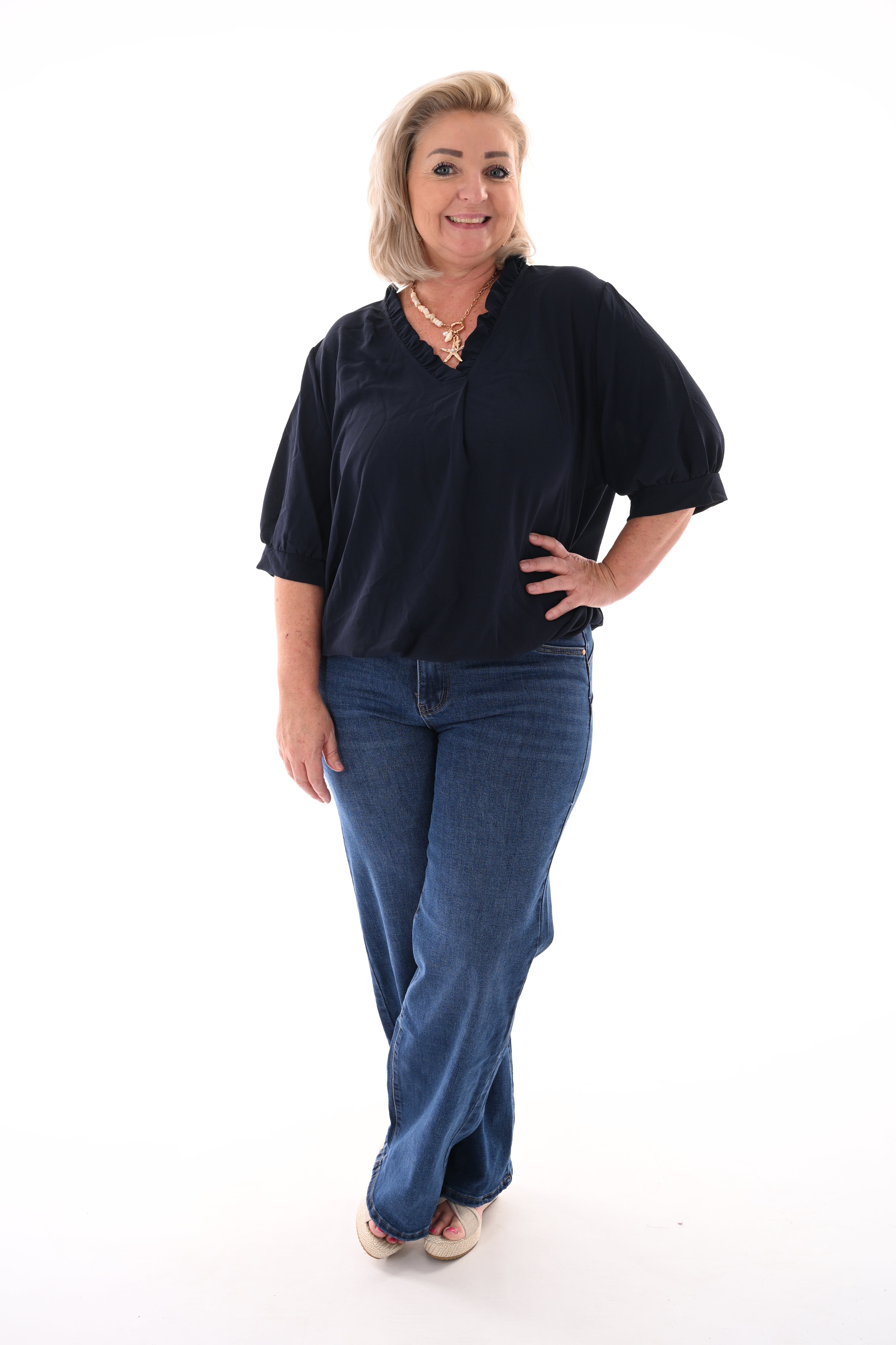 Top roezel v-hals marineblauw