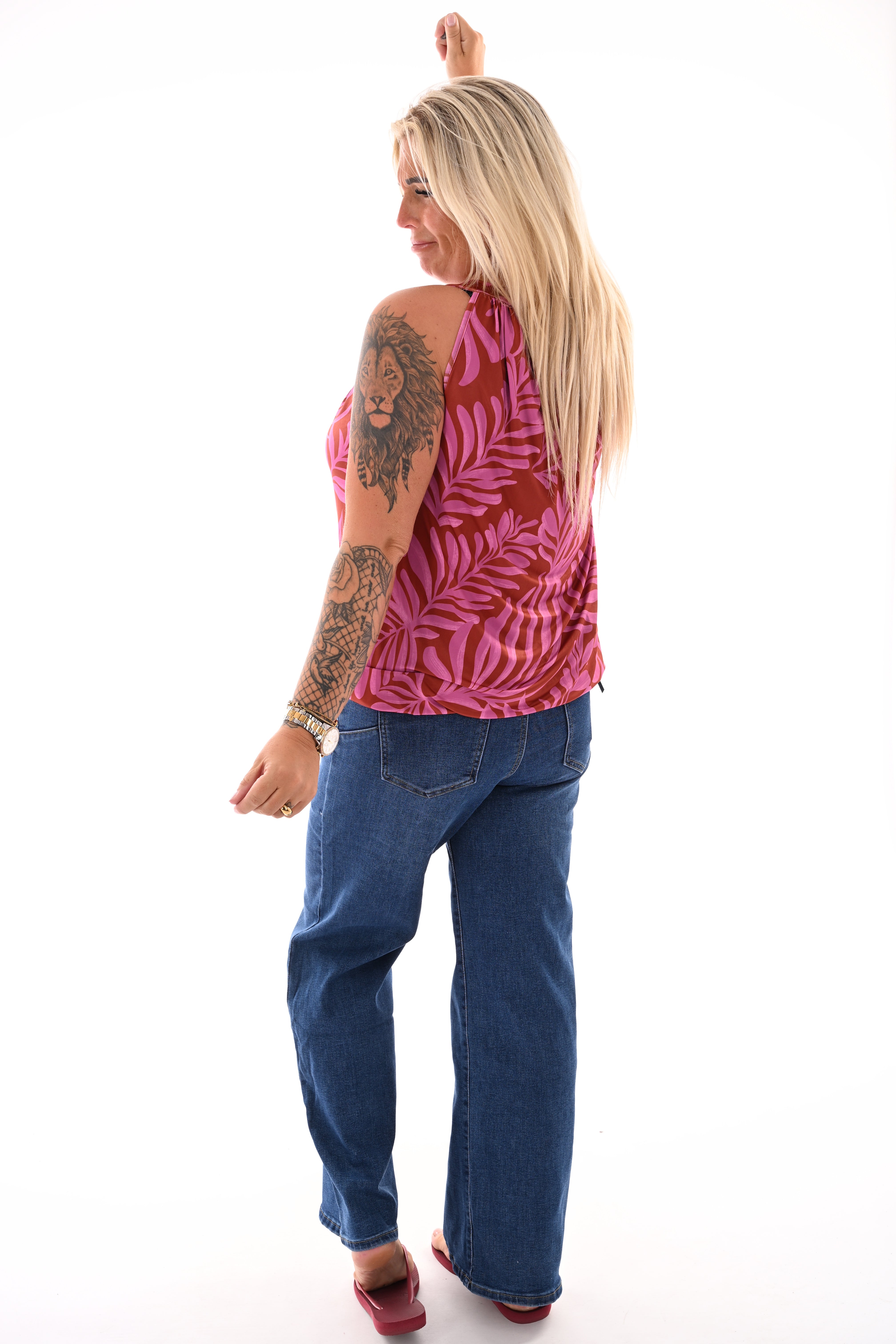Halter top print bladeren bruin/cyclaam