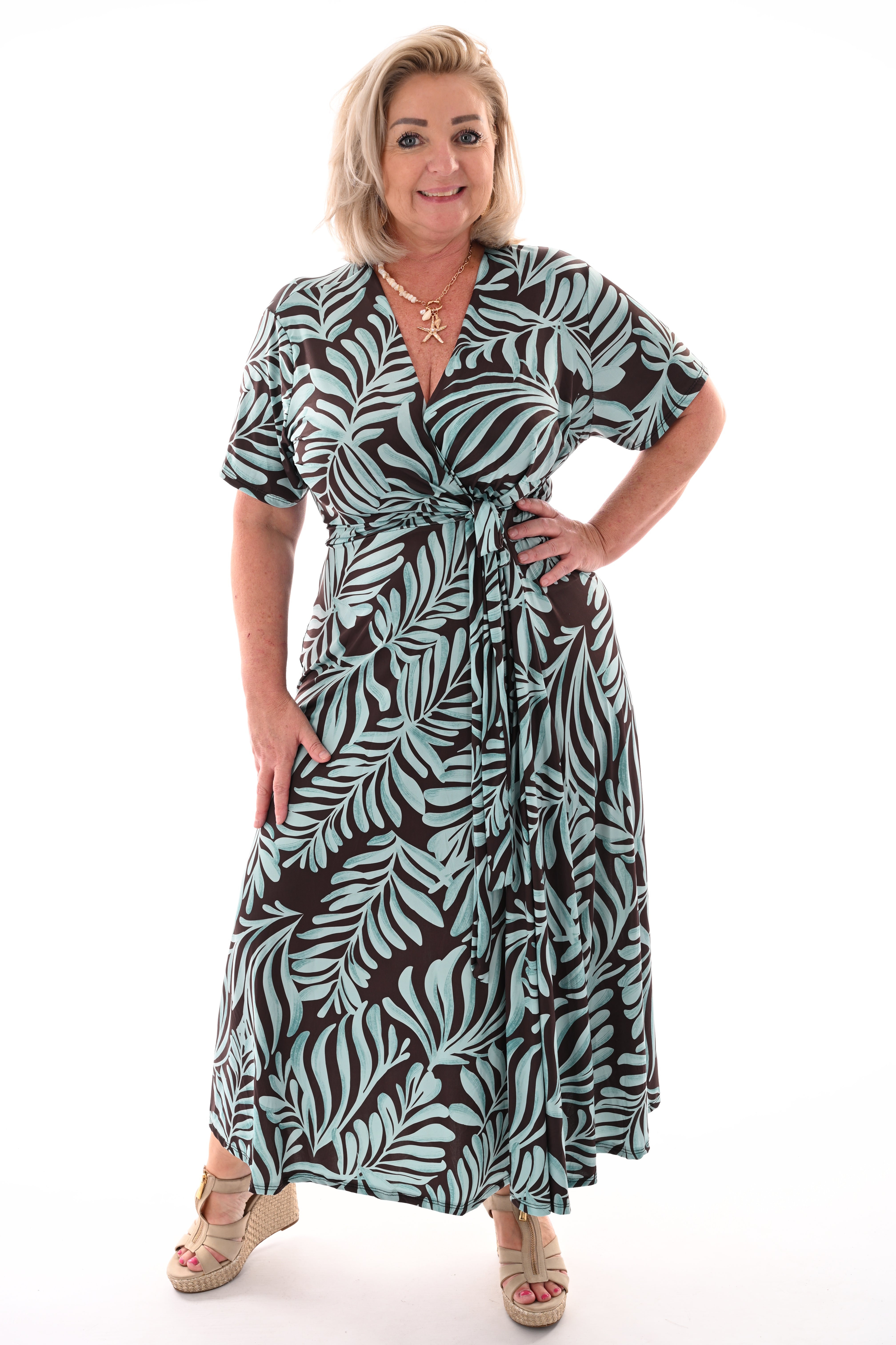 Lange jurk met strik print bladeren donkerbruin/turquoise