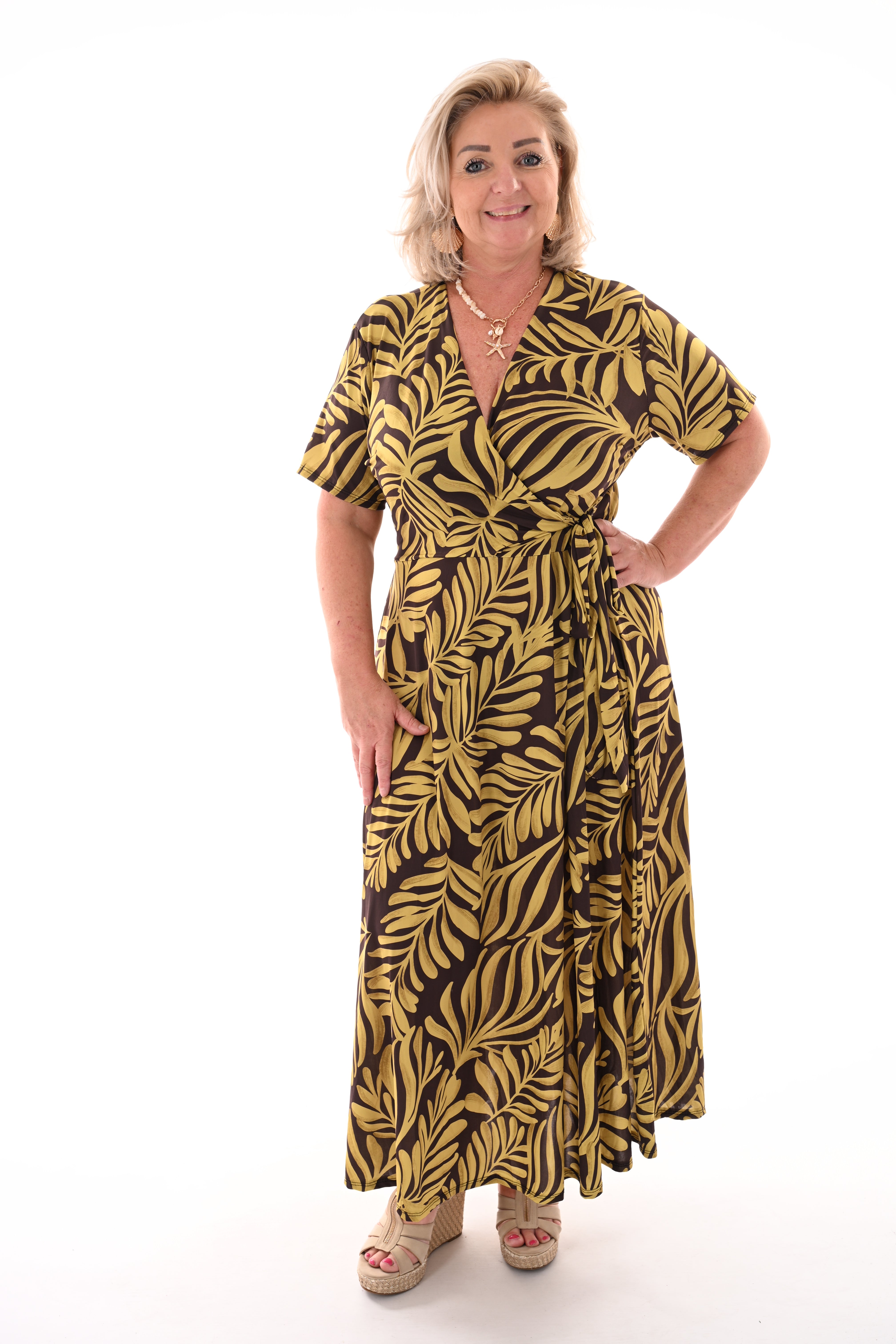 Lange jurk met strik print bladeren donkerbruin/pistache