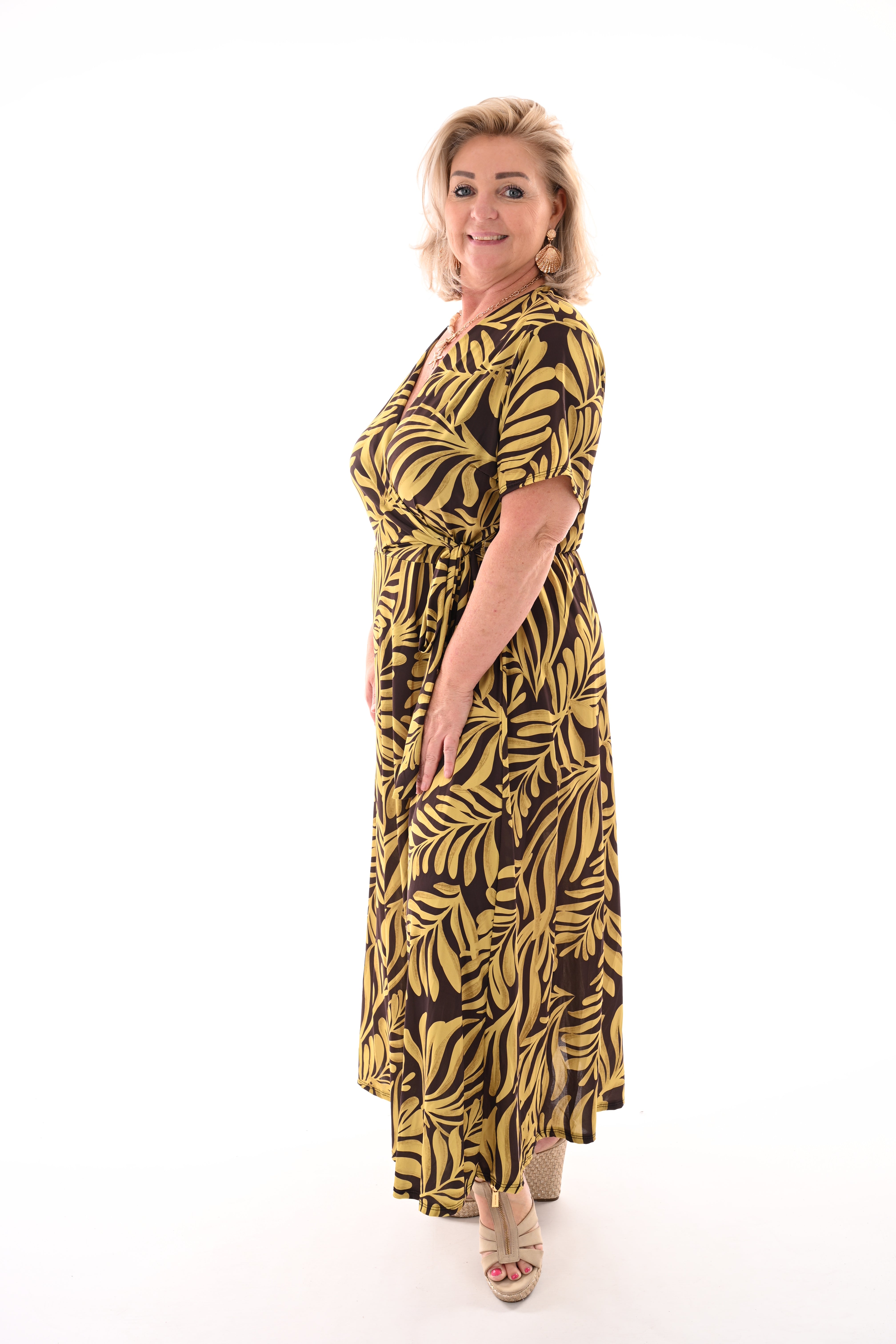 Lange jurk met strik print bladeren donkerbruin/pistache