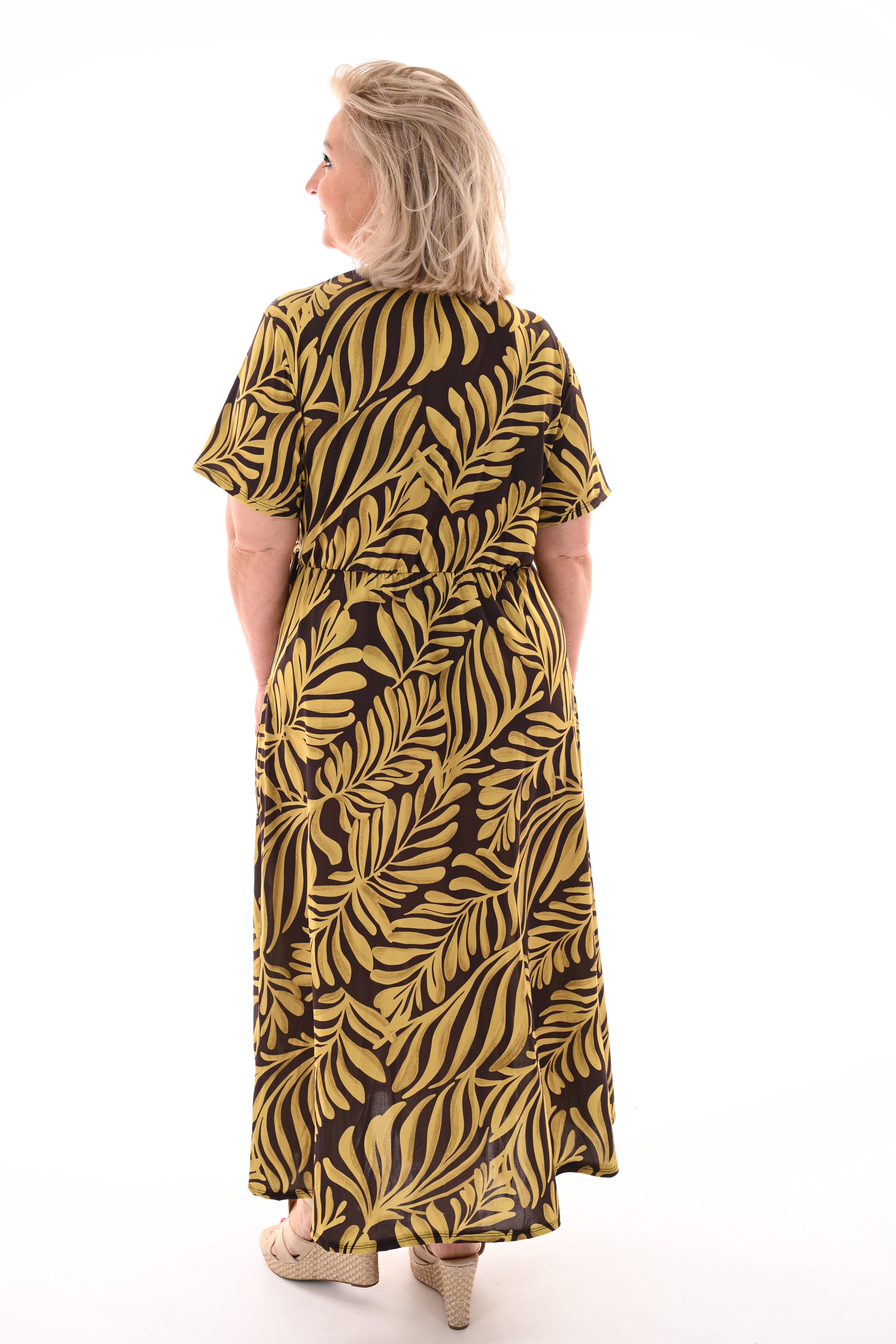 Lange jurk met strik print bladeren donkerbruin/pistache