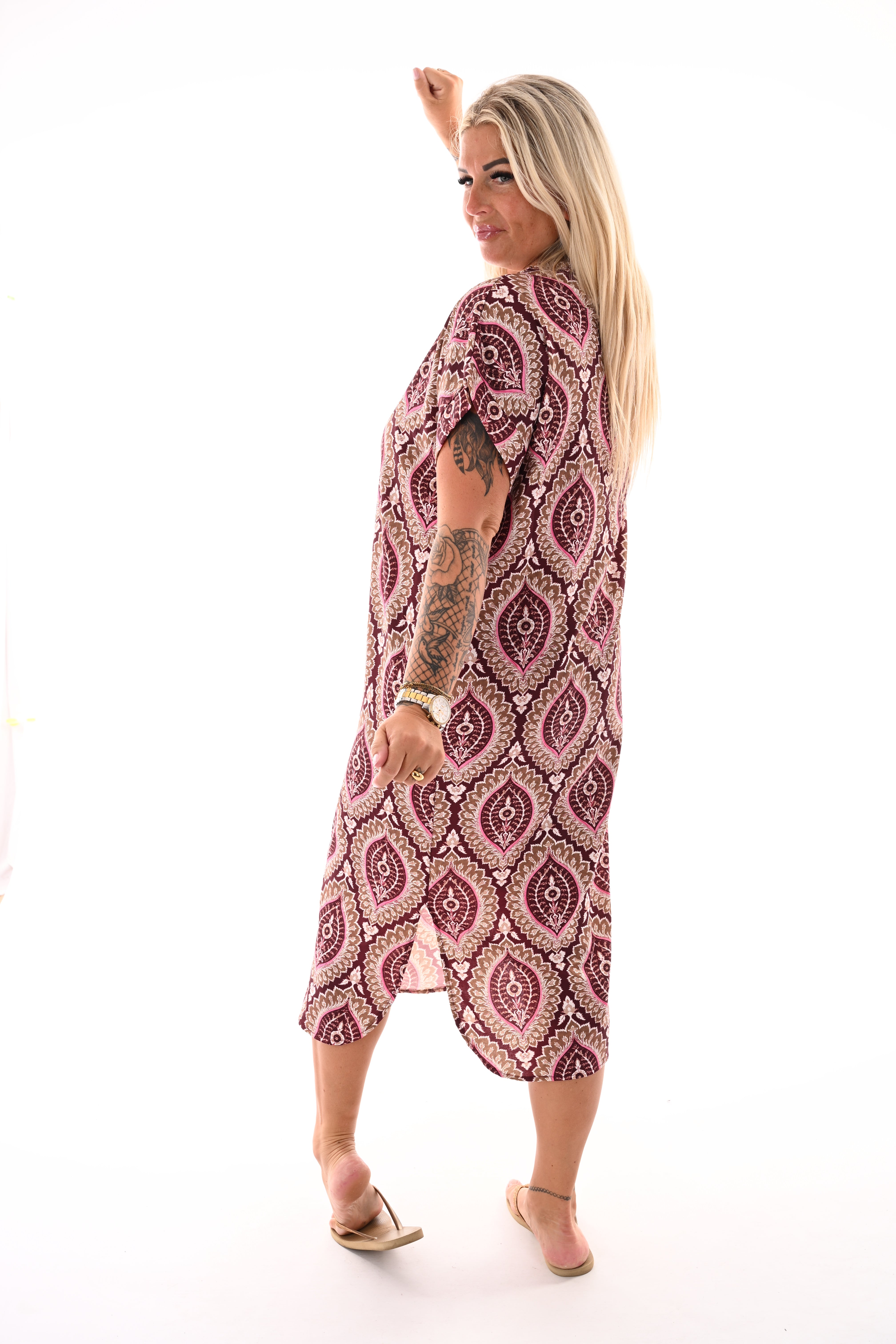 Jurk met zakken print bordeaux/lichtbruin