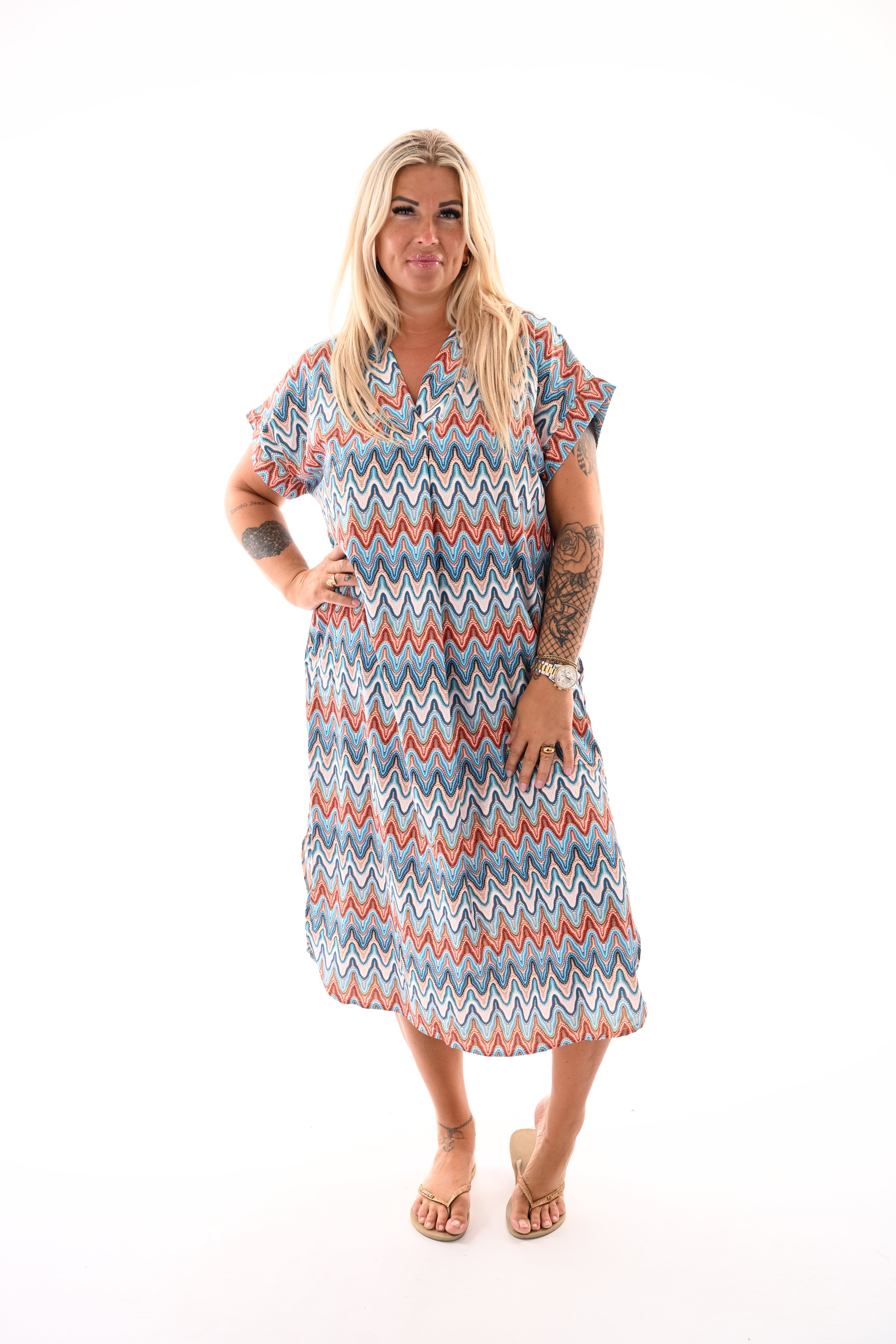 Jurk met zakken print blauw/oranje