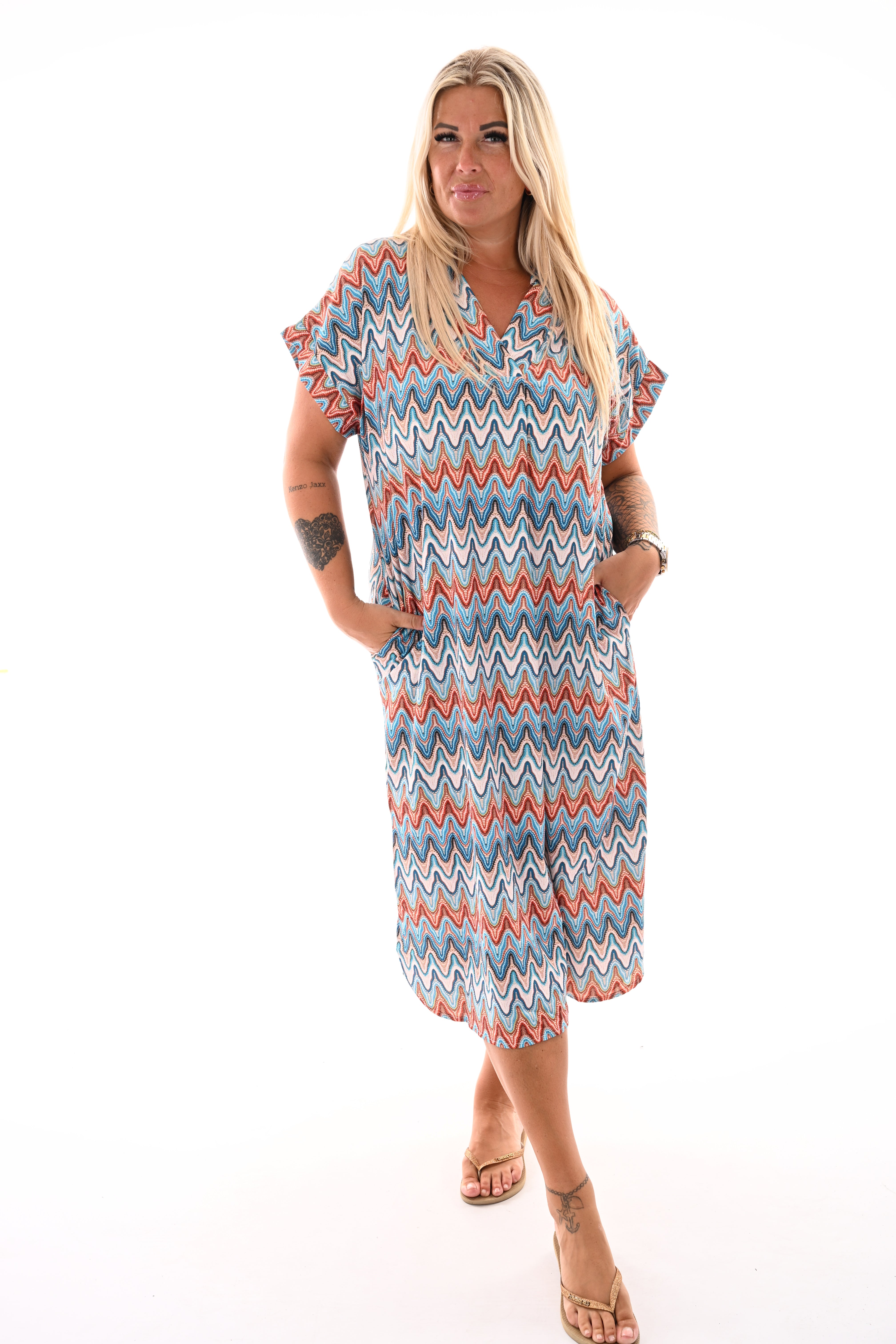 Jurk met zakken print blauw/oranje